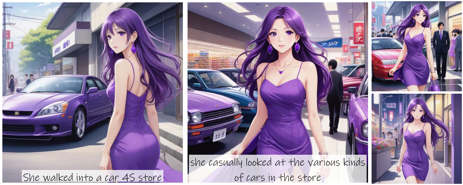 Story Diffusion - Japanese Anime Image - a-beautiful-woman-around-thirty-years-old-wearing-a-purple-dress-and-purple-high-heels-she-is-wearing-purple-earrings-and-has-long-hair-reaching-her-shoulders--dhajwmpkcsrgg0cg3z9b2zkcrm