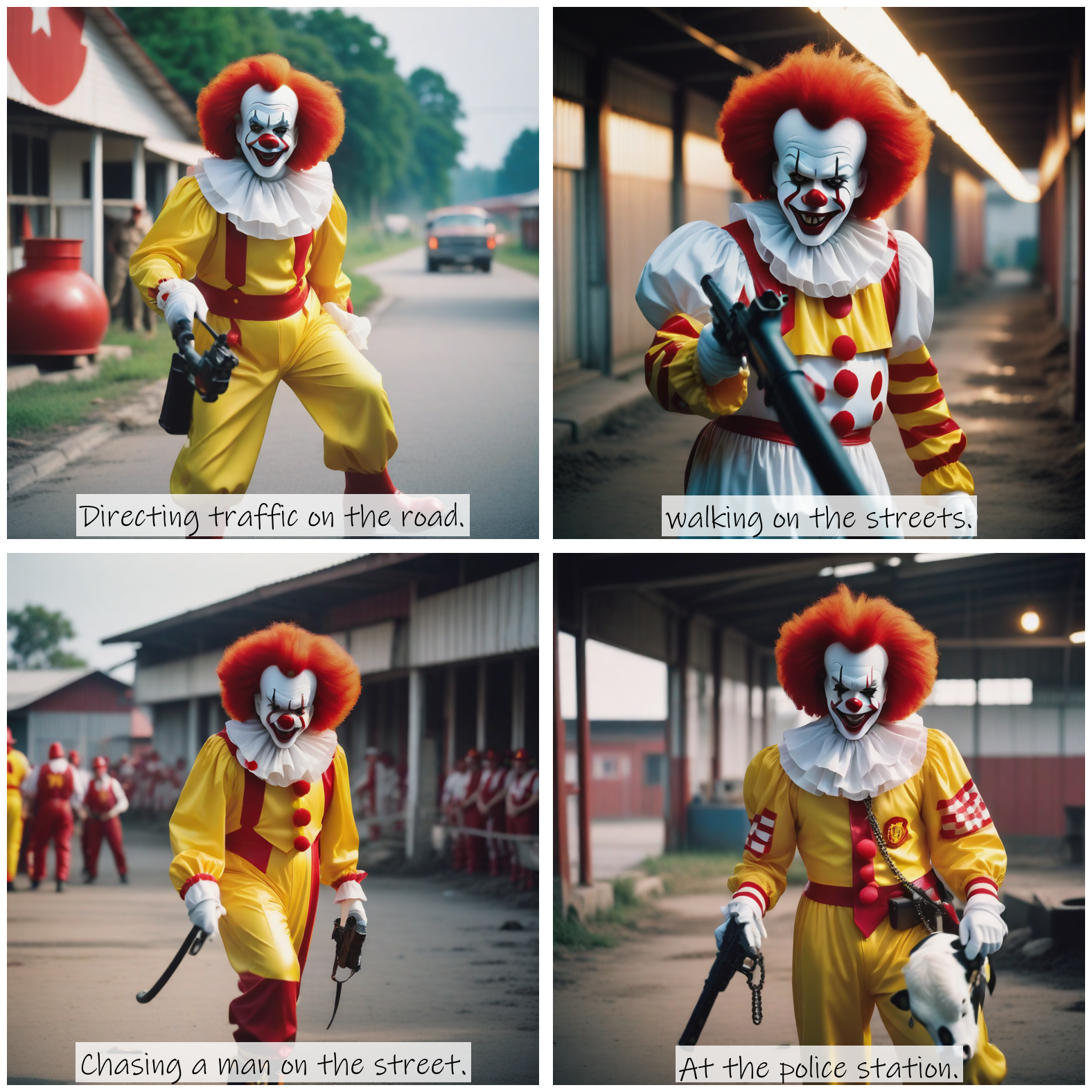 Story Diffusion - Photographic Image - ronald-mcdonald-the-clown-on-the-killing-floor-of-a-slaughter-house-he-is-killing-a-cow-with-a-bolt-gun-94gnfv7xe5rgm0cfebztg9n4x0