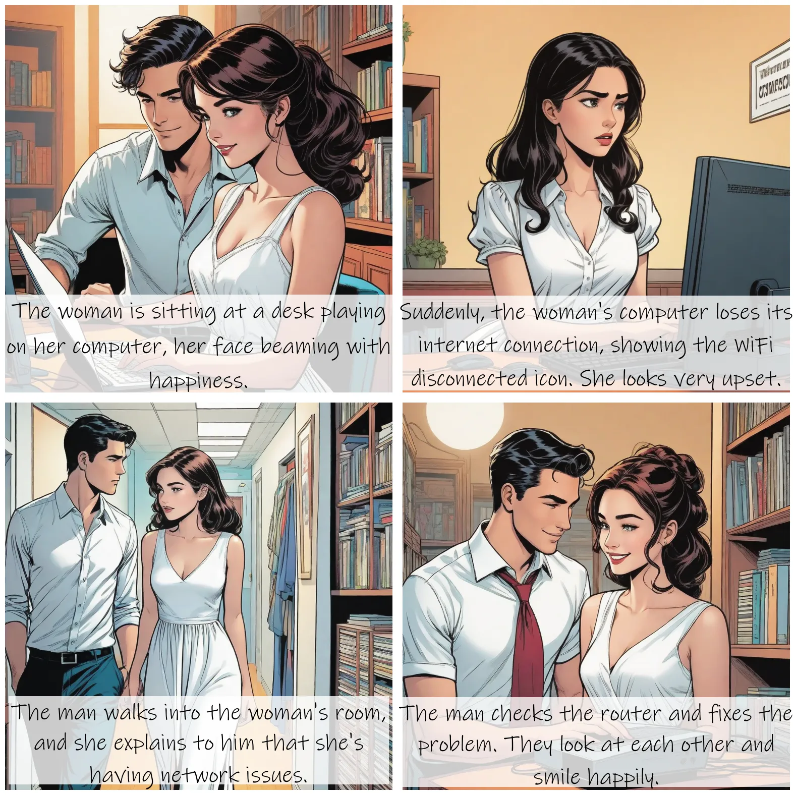 Story Diffusion - Comic book Image - a-young-woman-wearing-a-white-dress-a-young-man-wearing-a-shirt-myyn424fjnrgp0cfghgbr92pnm