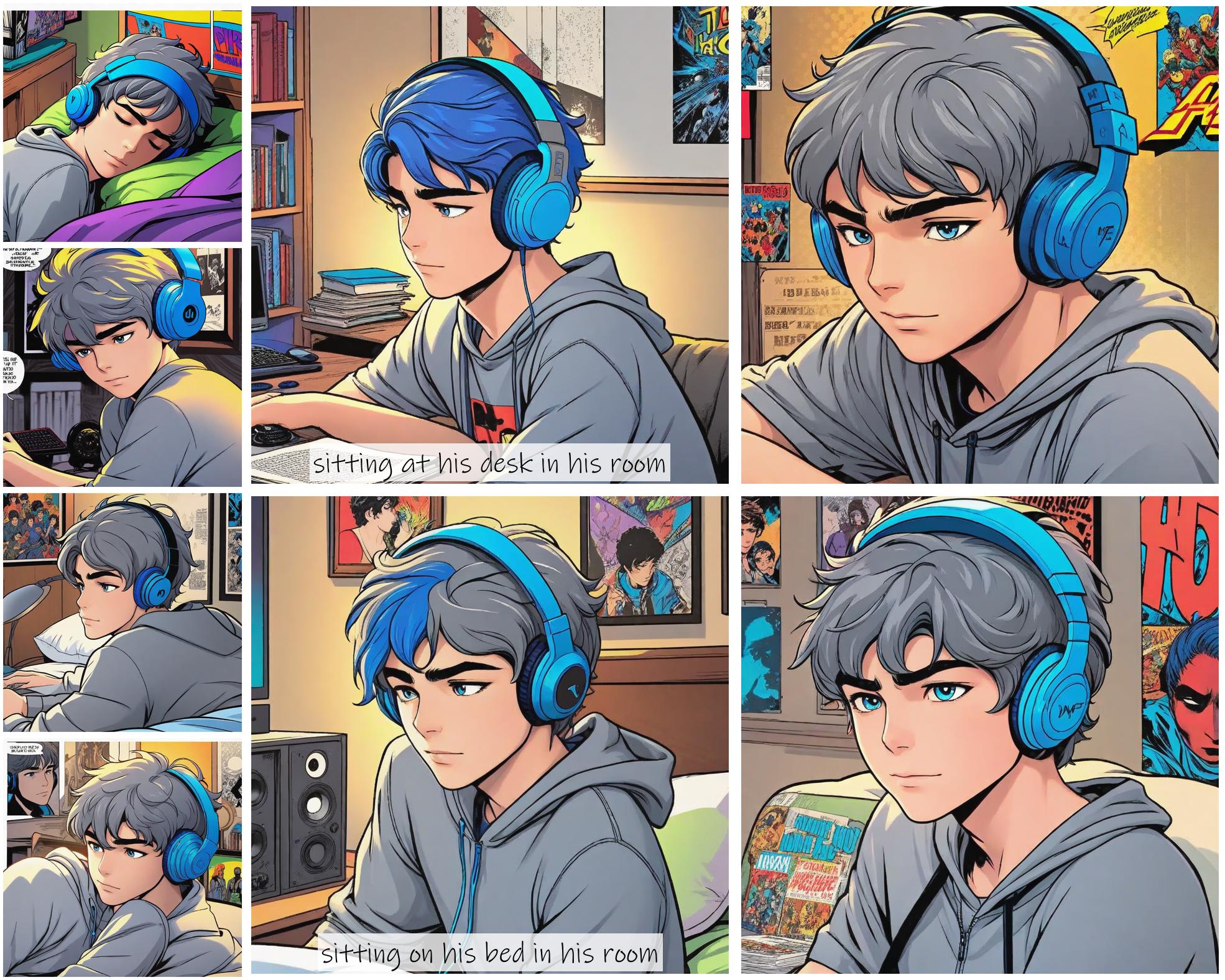 Story Diffusion - Comic book Image - a-teenage-boy-img-wearing-gray-pajamas-and-blue-head-phones-30tane6s7nrgg0cfms8s0exzt8