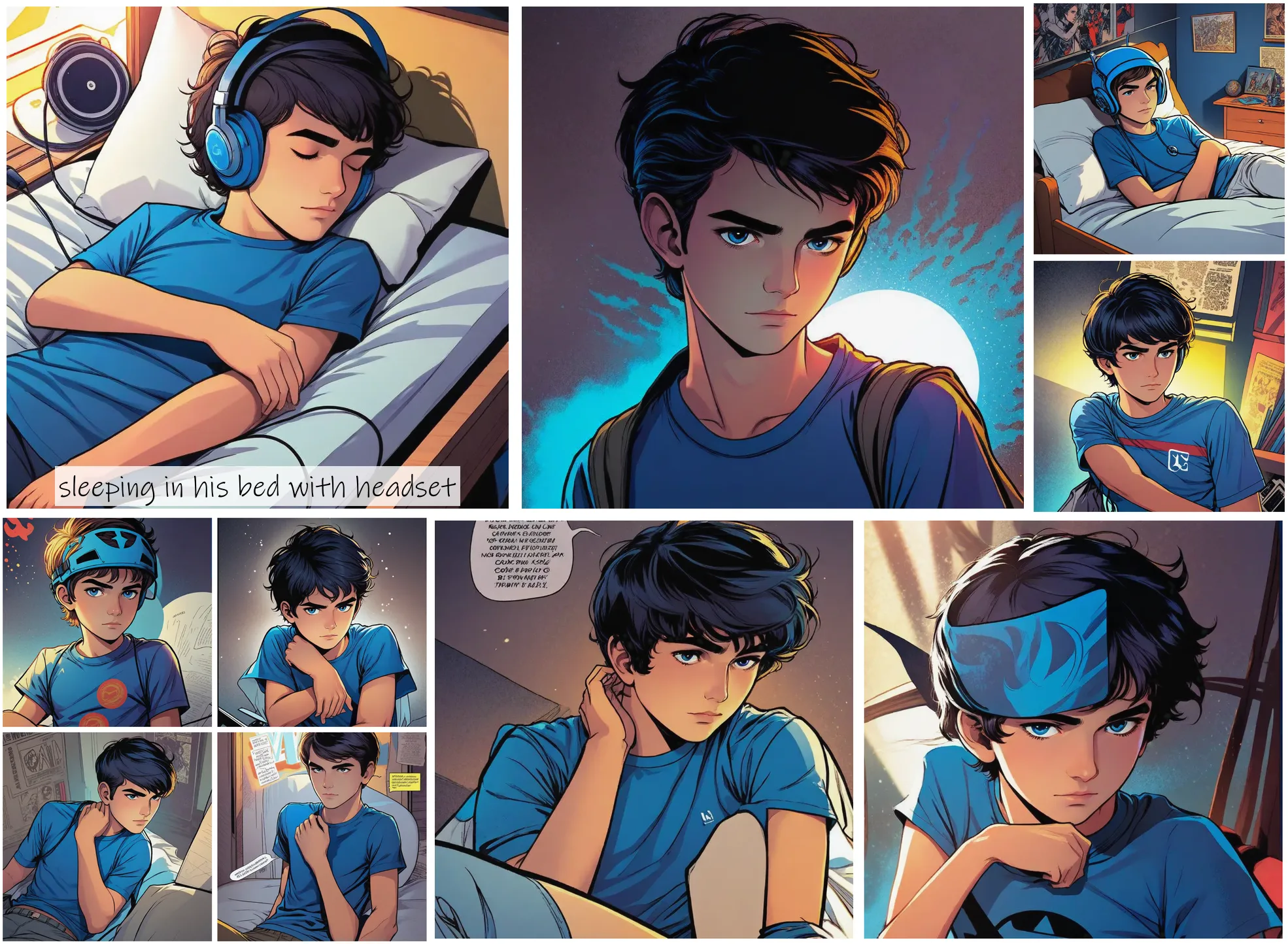 Story Diffusion - Comic book Image - a-dark-complected-boy-img-wearing-blue-shirt-xcakccjx4srgj0cffxtad1jyam