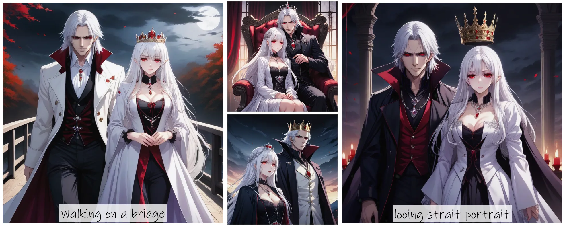 Story Diffusion - Japanese Anime Image - strong-male-and-female-vampire-praud-kingly-longer-white-hair-red-eyes-gaunt-face-crown-and-tiaras-wearing-a-long-coat-and-matching-necklace-lean-beautiful-face-poker-face-spooky-and-scarry-looking-esbcpwhcxsrgp0cffwesbqjey0