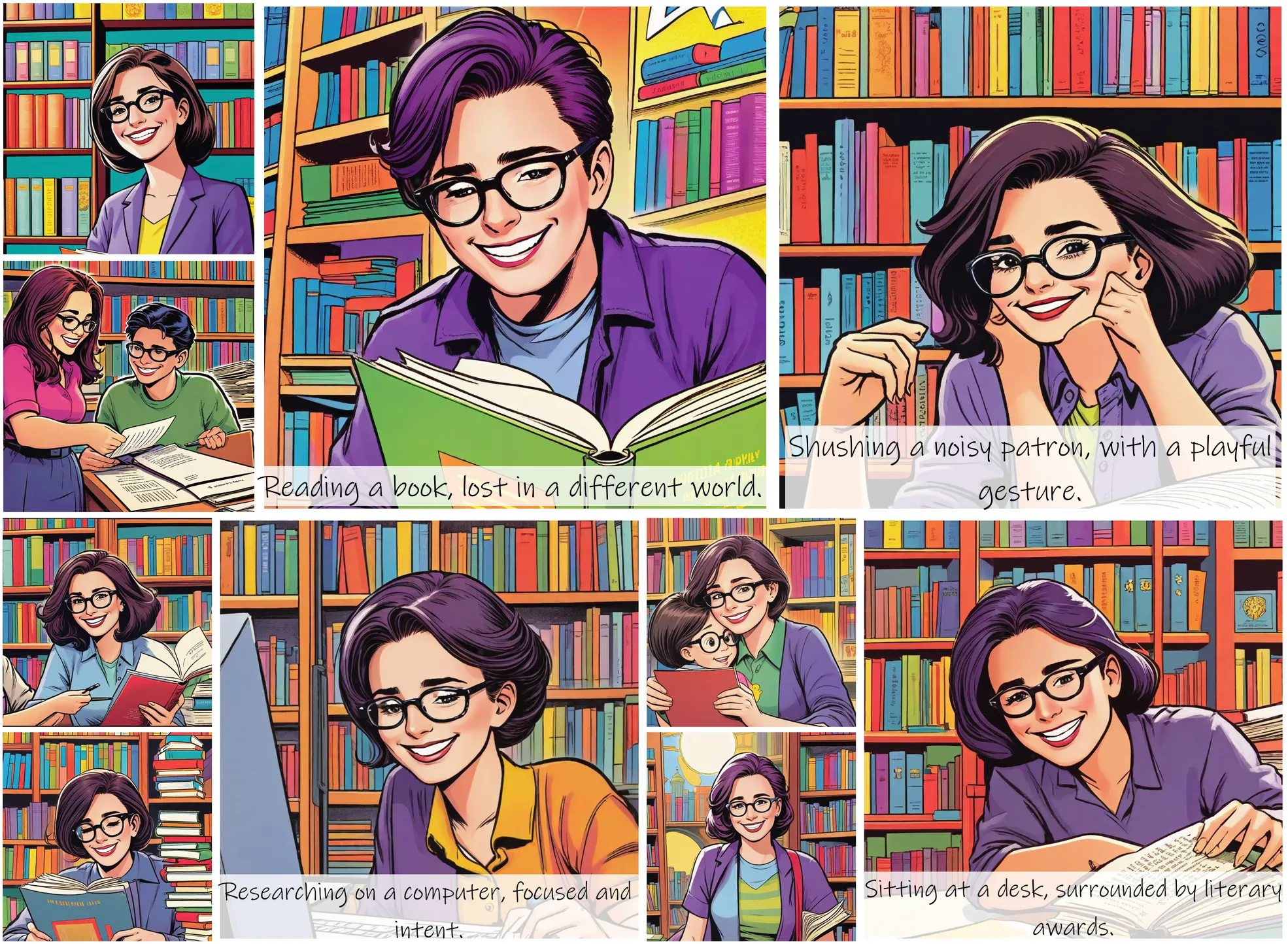 Story Diffusion - Comic book Image - a-happy-librarian-img-wearing-glasses-and-a-smile-qn2c7bwjvhrgm0cfms1rph7mpg