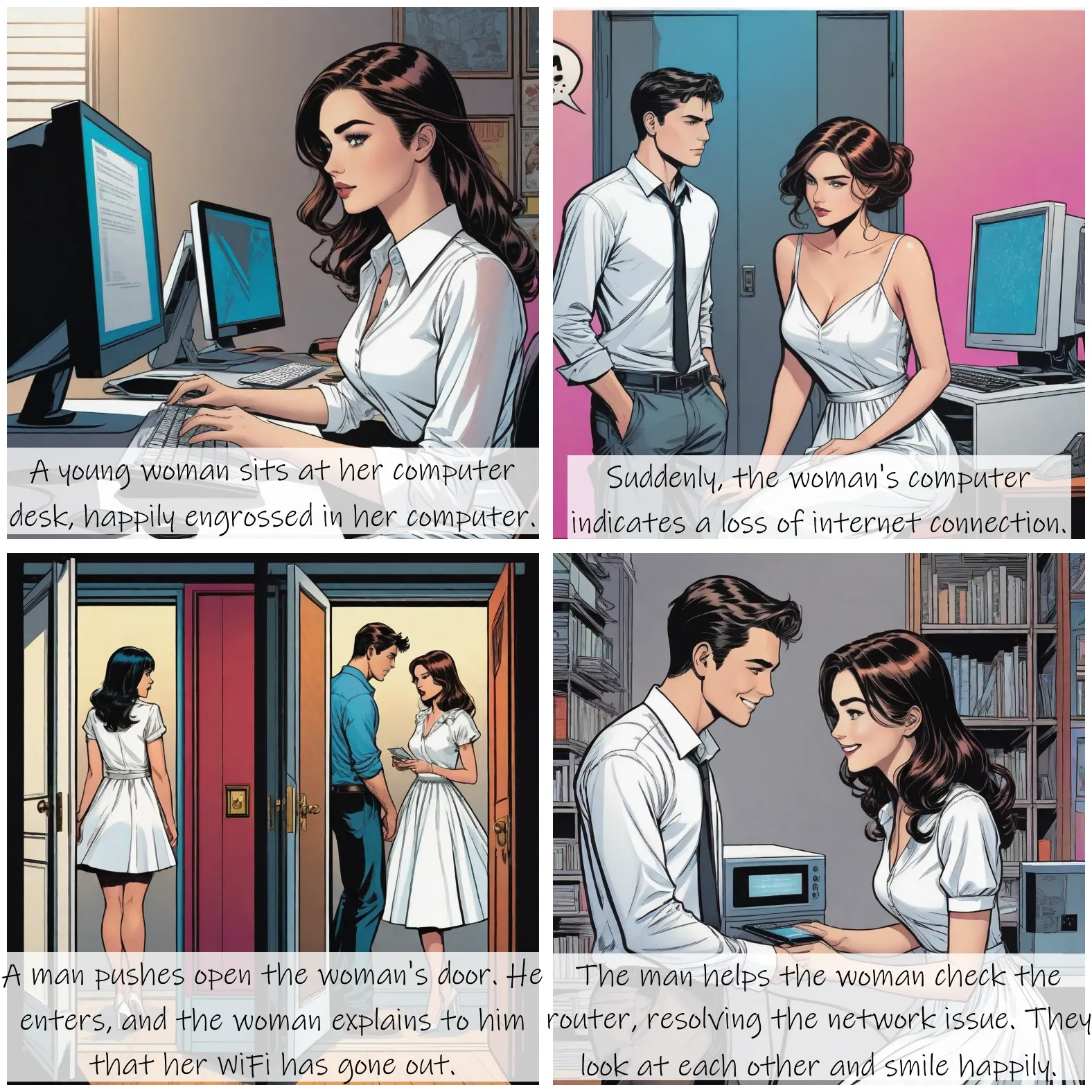 Story Diffusion - Comic book Image - a-young-woman-wearing-a-white-dress-a-young-man-wearing-a-shirt-6kpjk20whdrgm0cfgha8dgxrdc