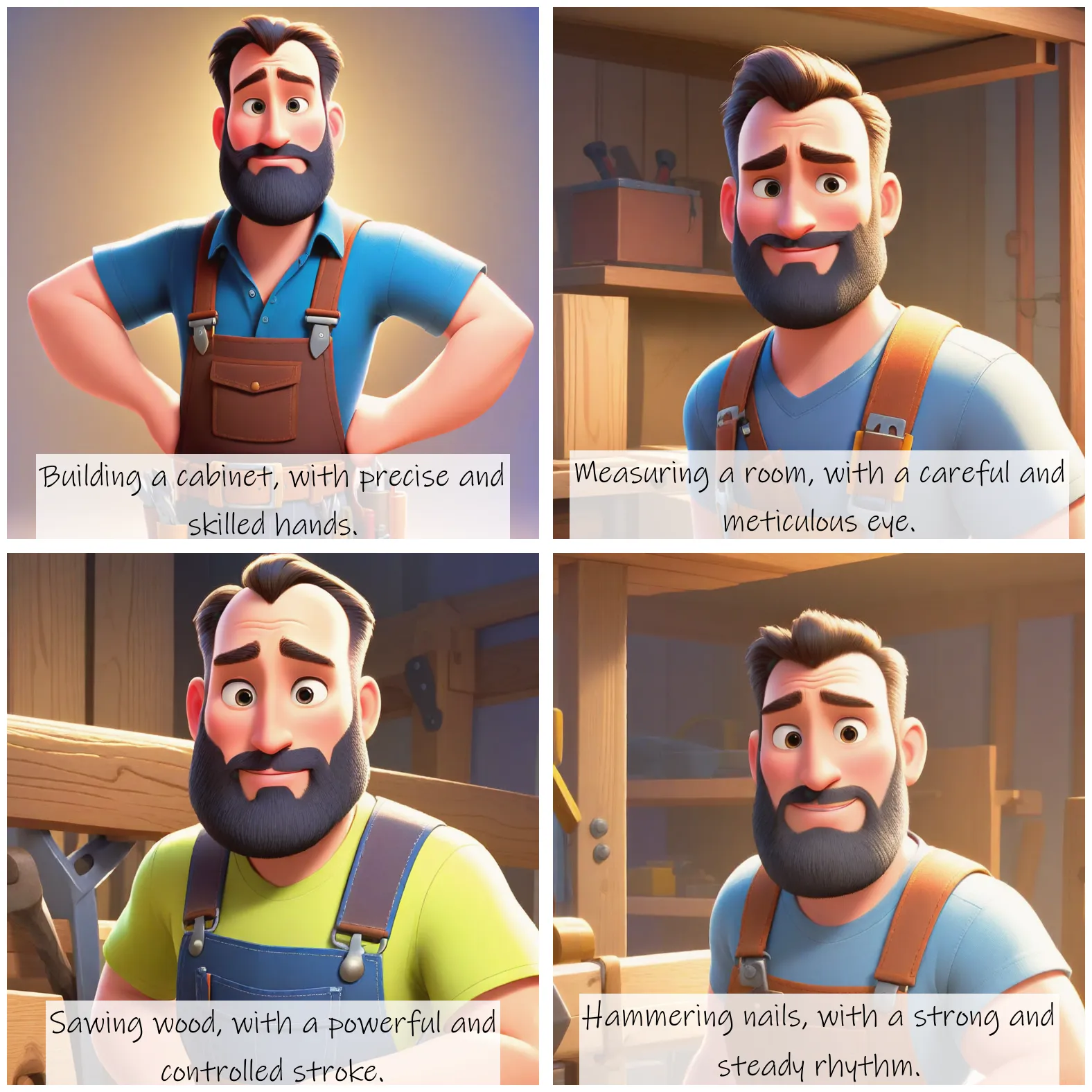 Story Diffusion - Disney Charactor Image - a-skilled-male-carpenter-img-wearing-a-tool-belt-and-a-rugged-beard-with-a-strong-build-and-a-confident-gaze-aged-38-aeyw61fjbhrgm0cffjrr56p8km