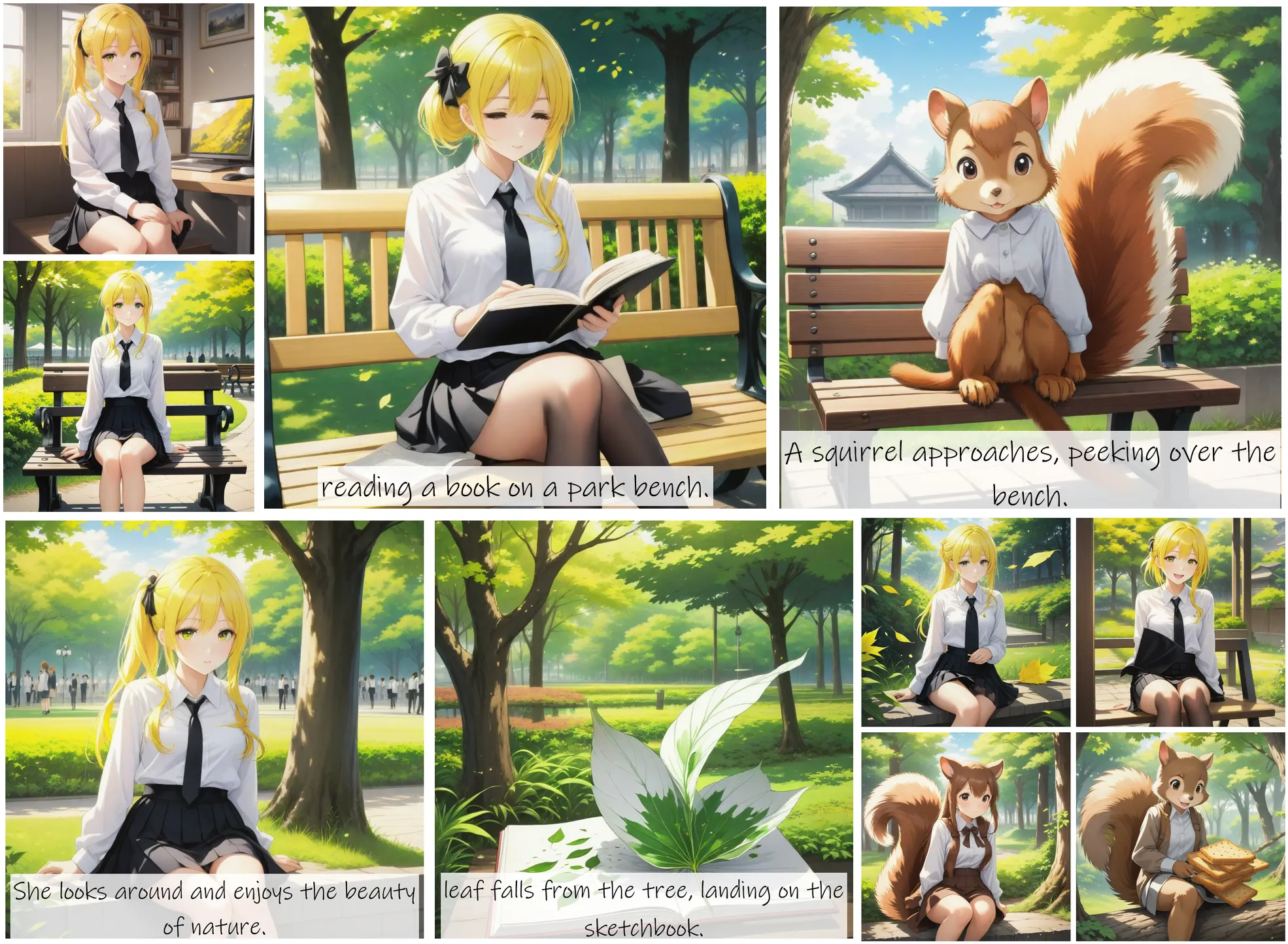 Story Diffusion - Japanese Anime Image - a-girl-wearing-white-shirt-black-skirt-black-tie-yellow-hair-2a2z0z4r9nrgp0cfmg1a1fzmem