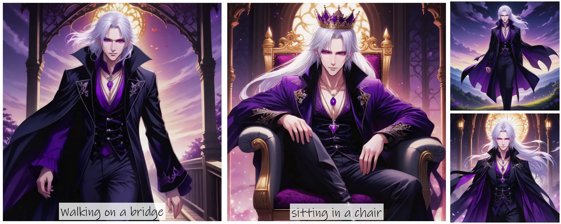 Story Diffusion - Japanese Anime Image - strong-male-vampire-praud-kingly-longer-white-hair-violet-eyes-gaunt-face-wearing-a-fluttering-long-velvet-coat-violet-filigree-crown-and-matching-necklace-lean-beautiful-face-poker-face-6td6kqa9e9rgm0cffv2tm5wk5w