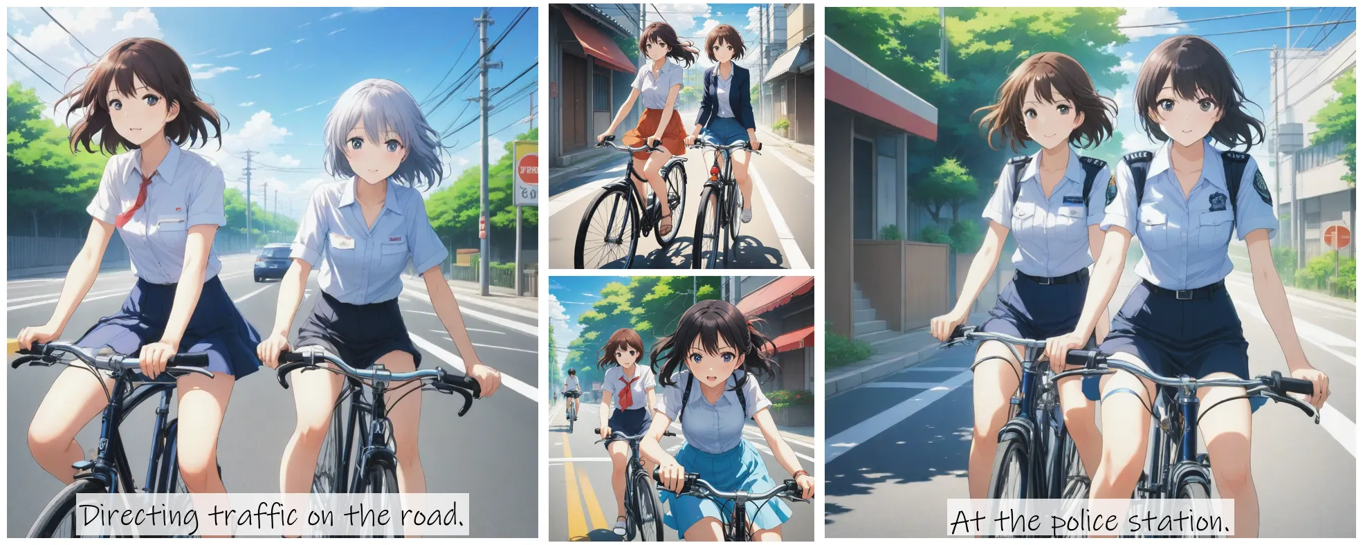 Story Diffusion - Japanese Anime Image - 2-ladies-riding-a-bike-on-a-hot-sunny-day-j07ch9de7xrgj0cfx4bb7frx9w