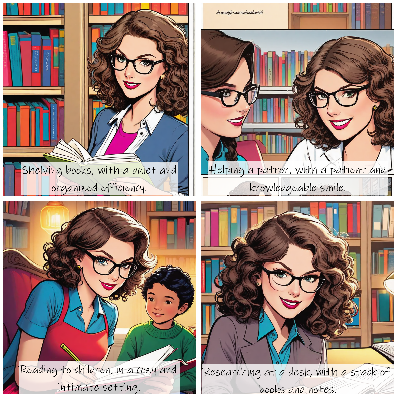 Story Diffusion - Comic book Image - a-gentle-female-librarian-img-wearing-a-pair-of-glasses-and-a-warm-smile-with-curly-brown-hair-and-a-kind-face-aged-32-3q1gzb5c19rgp0cffj68063zbc