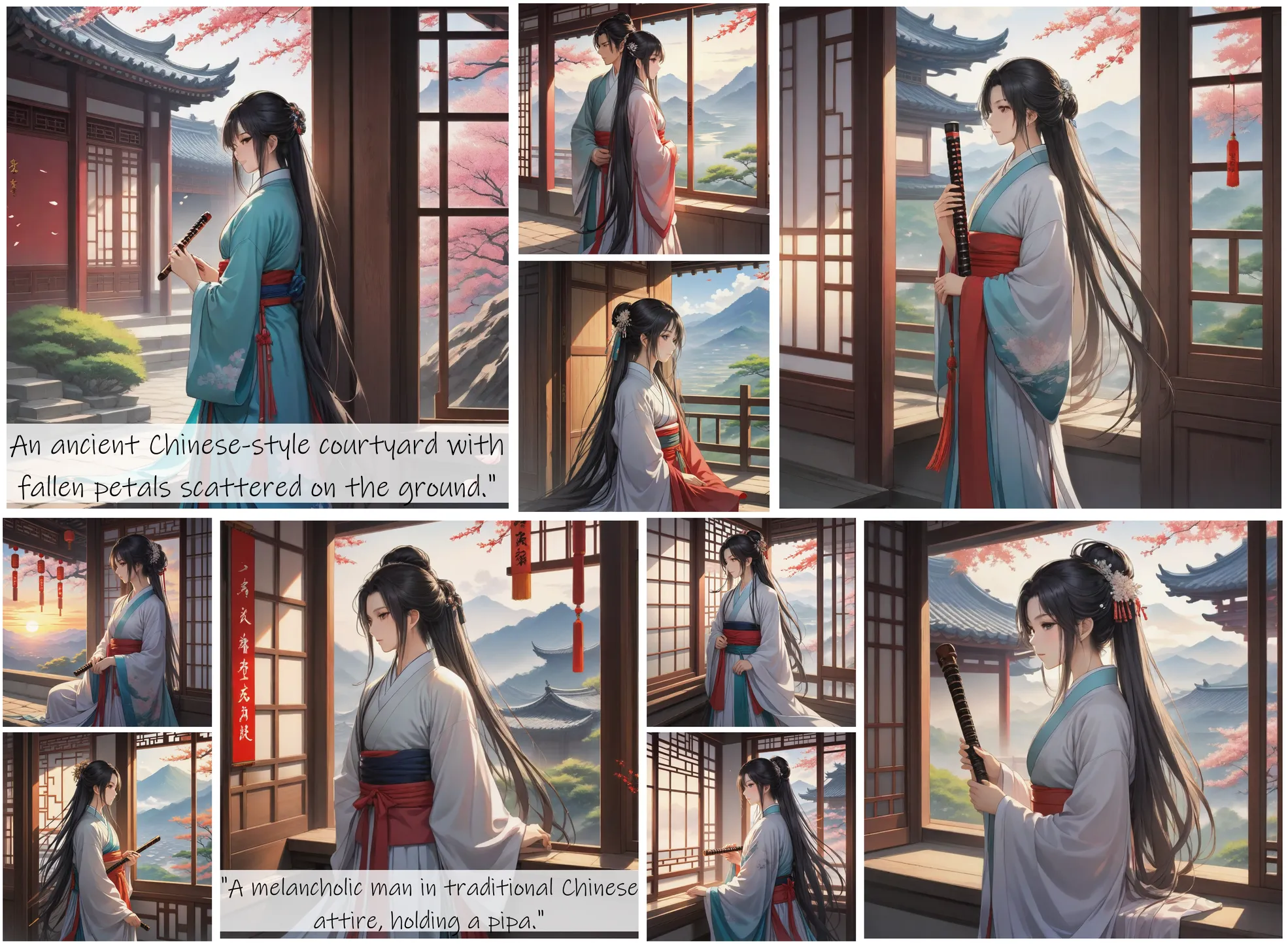 Story Diffusion - Japanese Anime Image - a-melancholic-man-in-traditional-chinese-attire-holding-a-pipaa-woman-with-flowing-long-hair-leaning-against-a-window-gazing-into-the-distance-sv047xve09rgm0cfrydtk3tapg