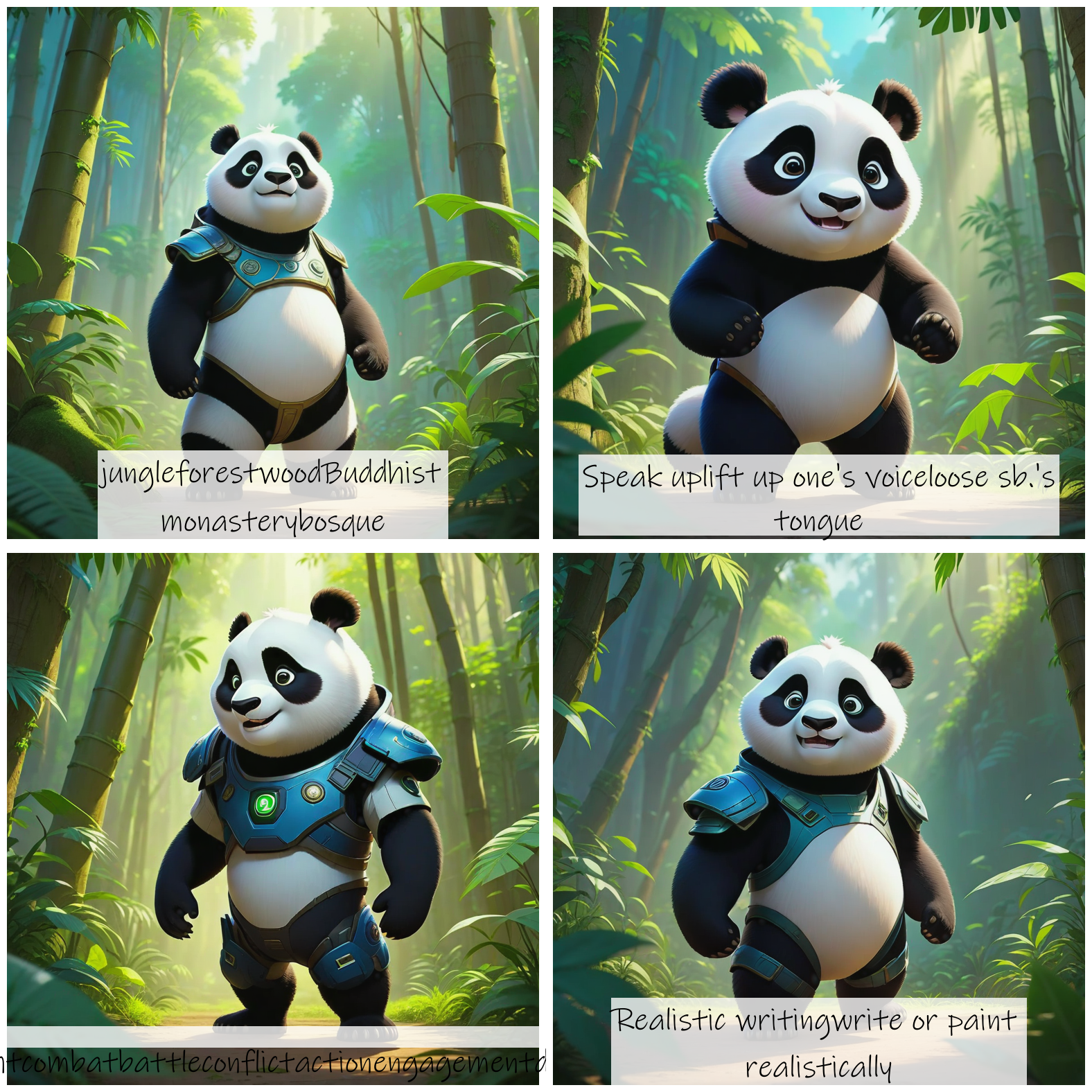 Story Diffusion - Disney Charactor Image - a-cute-panda-in-battle-suit-standing-in-the-jungle-speaking-wyy73533k1rgg0cfgq3a5pg5pc