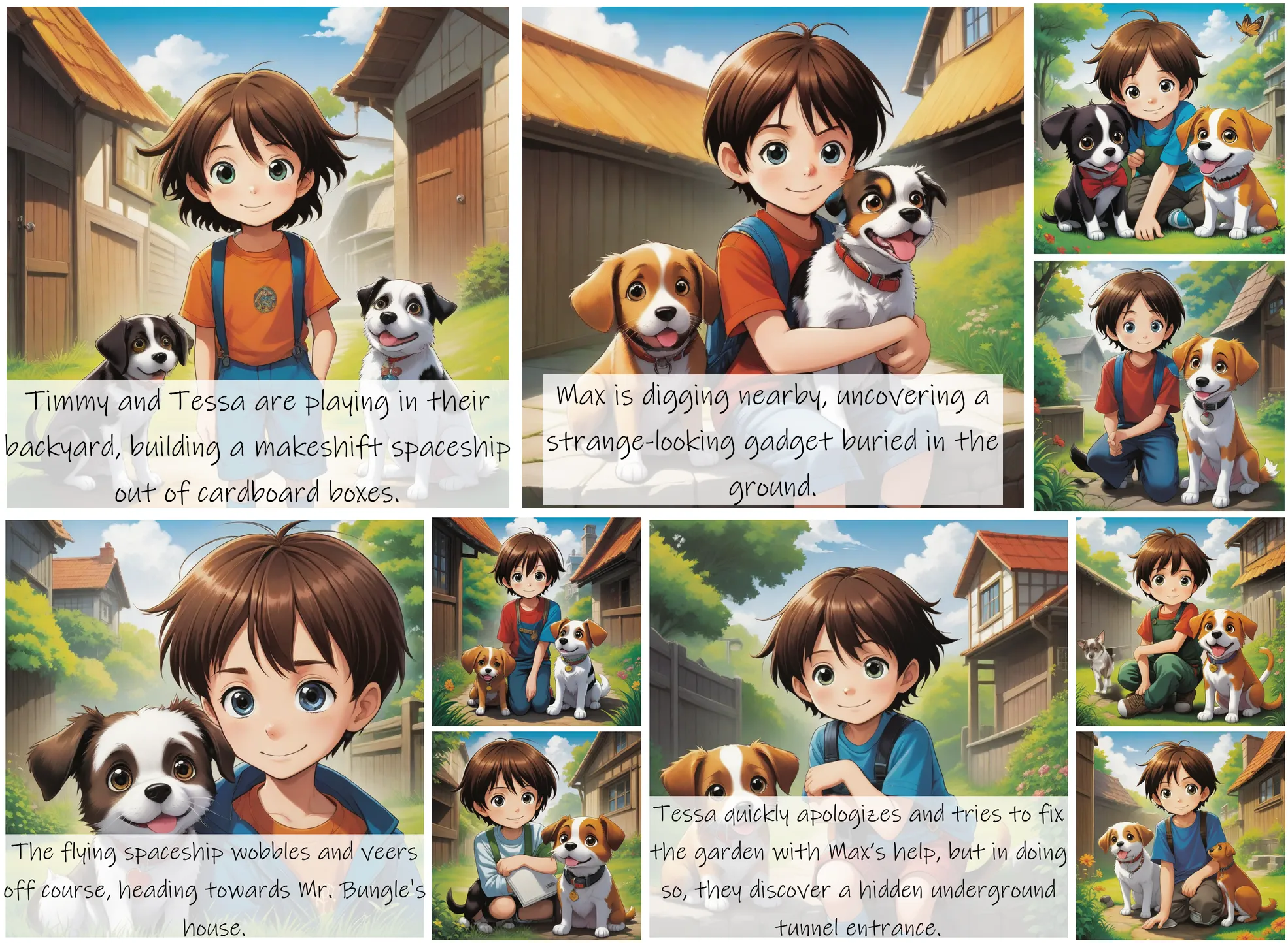 Story Diffusion - Japanese Anime Image - timmy-a-curious-and-imaginative-8yearold-boy-with-a-knack-for-getting-into-trouble-tessa-timmys-clever-and-resourceful-7yearold-sister-who-often-saves-the-day-max-their-loyal-and-playful-dog-with-a-special-ability-to-talk-to-tim-edm0tx7jcsrgj0cfkzj80qhwaw