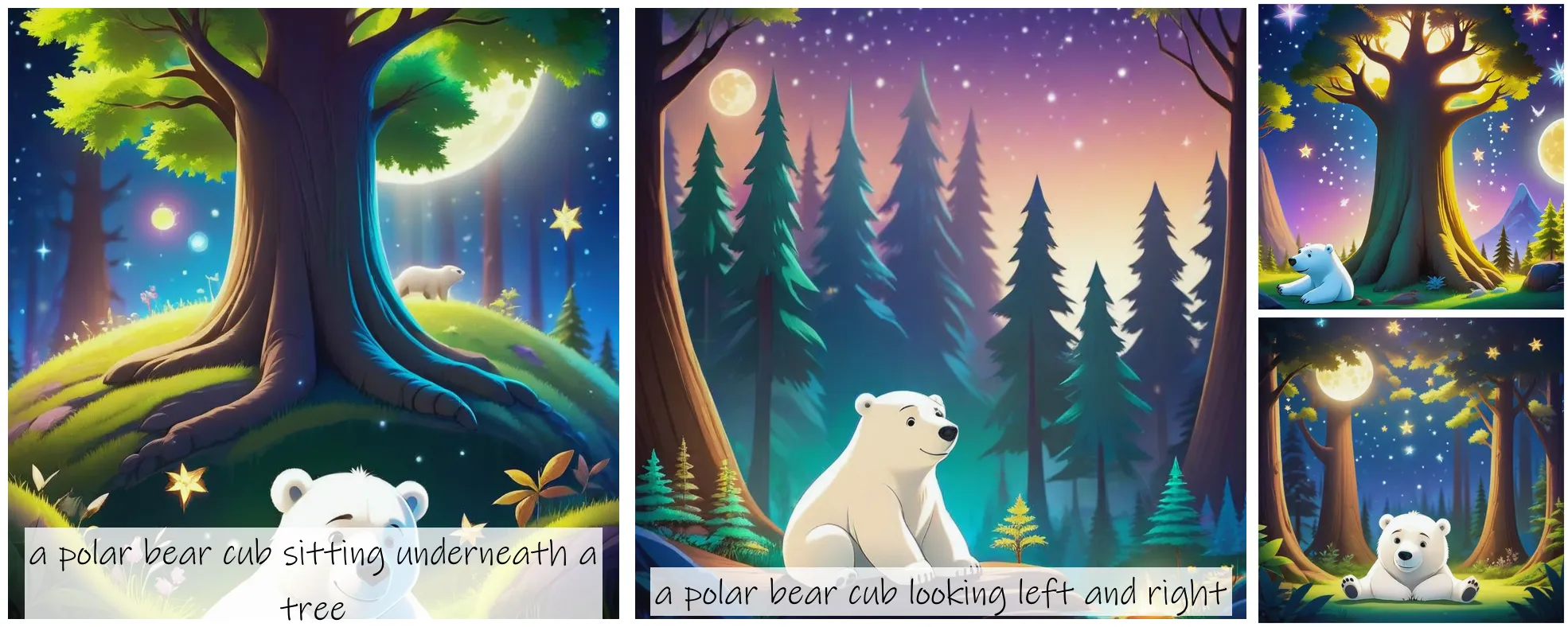 Story Diffusion - Japanese Anime Image - image-of-an-anthropomorphized-polar-bear-cub-img-sitting-beneath-the-tree-crowns-of-a-lush-and-dense-forest-looking-at-the-glowing-moon-in-the-night-sky-surrounded-by-twinkling-stars-and-mystical-forest-creatures-kids-book-illus-pem9pa6859rgg0cgec99ddvbqc