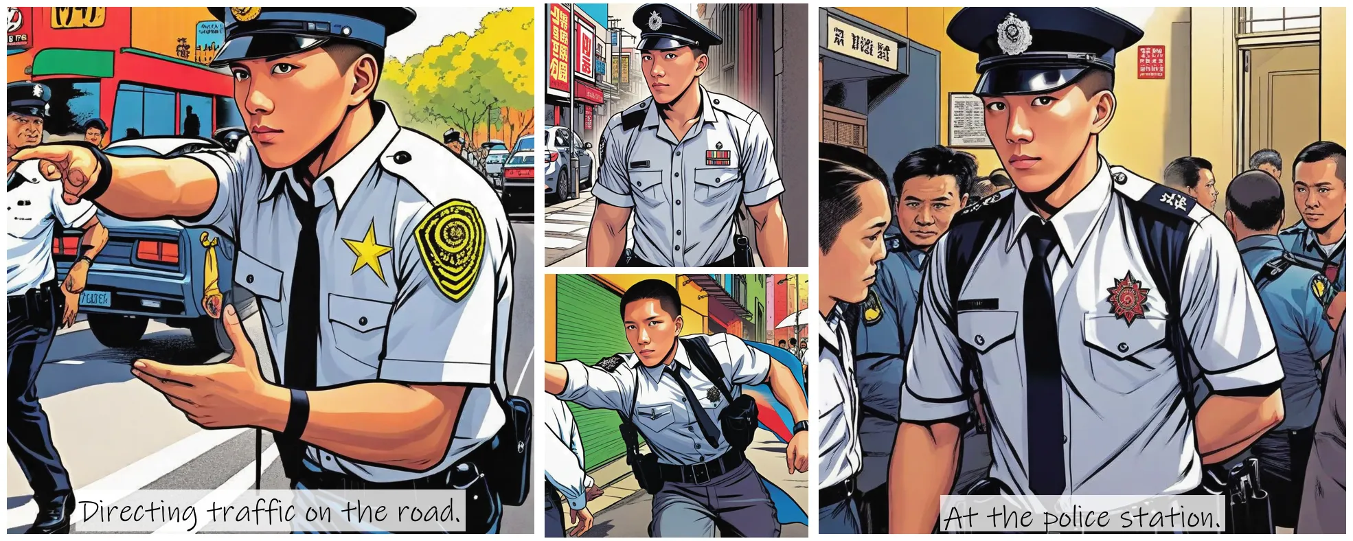 Story Diffusion - Comic book Image - a-policeman-img-wearing-a-white-shirt-mk59yw3f99rgm0cfn4cr5h7pnr