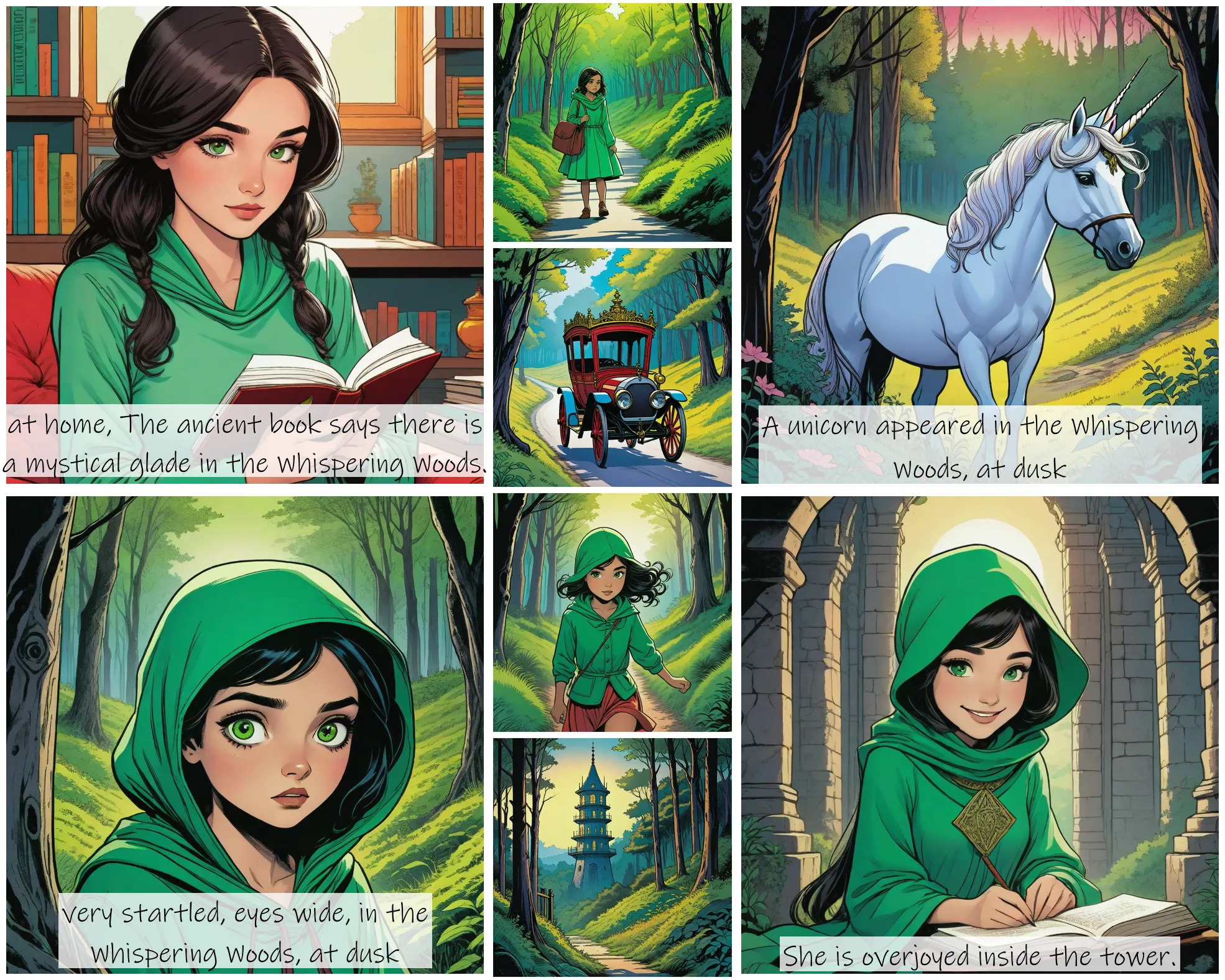 Story Diffusion - Comic book Image - uma-menina-de-capuz-verde-hz7s8yt0n5rgj0cge2f83bs4q8