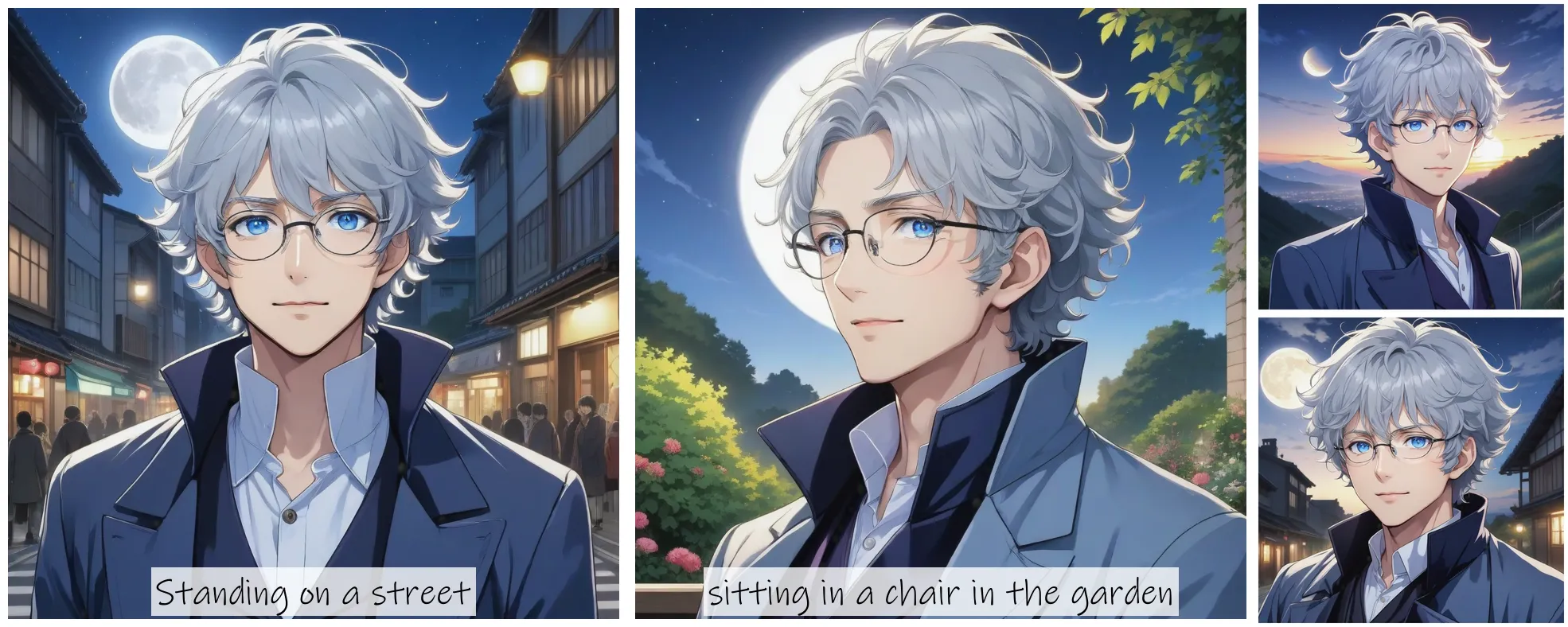 Story Diffusion - Japanese Anime Image - male-vampire-trustworthy-blue-coat-sky-blue-eyes-short-greysilver-hair-unkempt-curly-hair-more-prominent-slightly-round-and-friendly-adulte-mature-male-feature-in-face-smilig-flat-chin-puffy-cheeks-short-straight-nose-thin-round-9vp4f7ns7nrgm0cffsy8rnq4c0