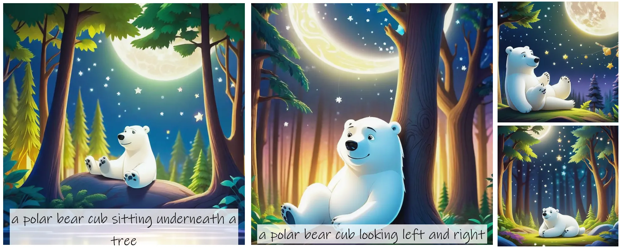 Story Diffusion - Japanese Anime Image - image-of-an-anthropomorphized-polar-bear-cub-img-sitting-beneath-the-tree-crowns-of-a-lush-and-dense-forest-looking-at-the-glowing-moon-in-the-night-sky-surrounded-by-twinkling-stars-and-mystical-forest-creatures-kids-book-illus-7aac5sgsp5rgj0cgec58j50ydc