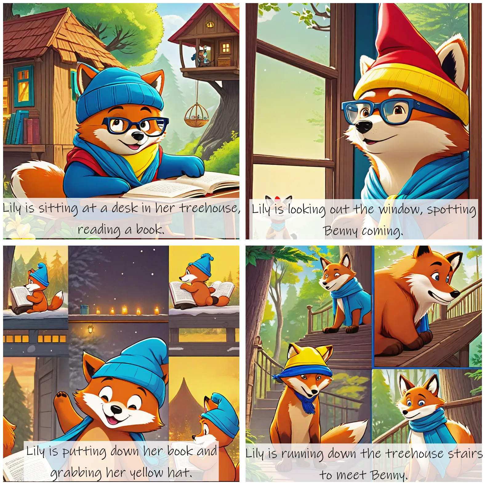 Story Diffusion - Comic book Image - benny-the-brave-bear-imganimal-a-big-brown-bear-with-a-blue-scarf-lily-the-clever-fox-a-sleek-red-fox-with-glasses-and-a-yellow-hat-2nk1emt2fdrgm0cfpeav8v01dc