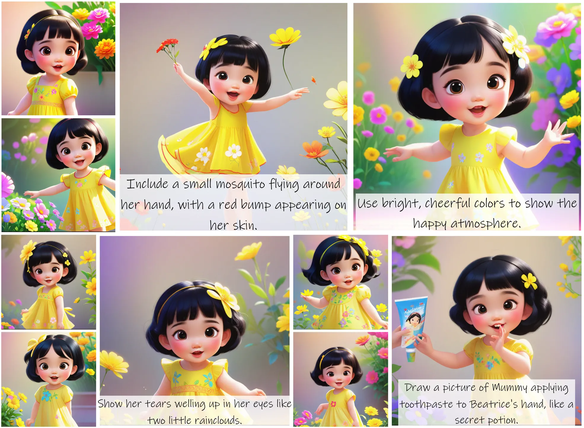 Story Diffusion - Disney Charactor Image - a-three-years-old-chinese-girl-img-big-eyes-short-black-hair-in-yellow-dress-with-flowers-on-it-5fvx9yz0v1rgg0cfh3tsb49avw