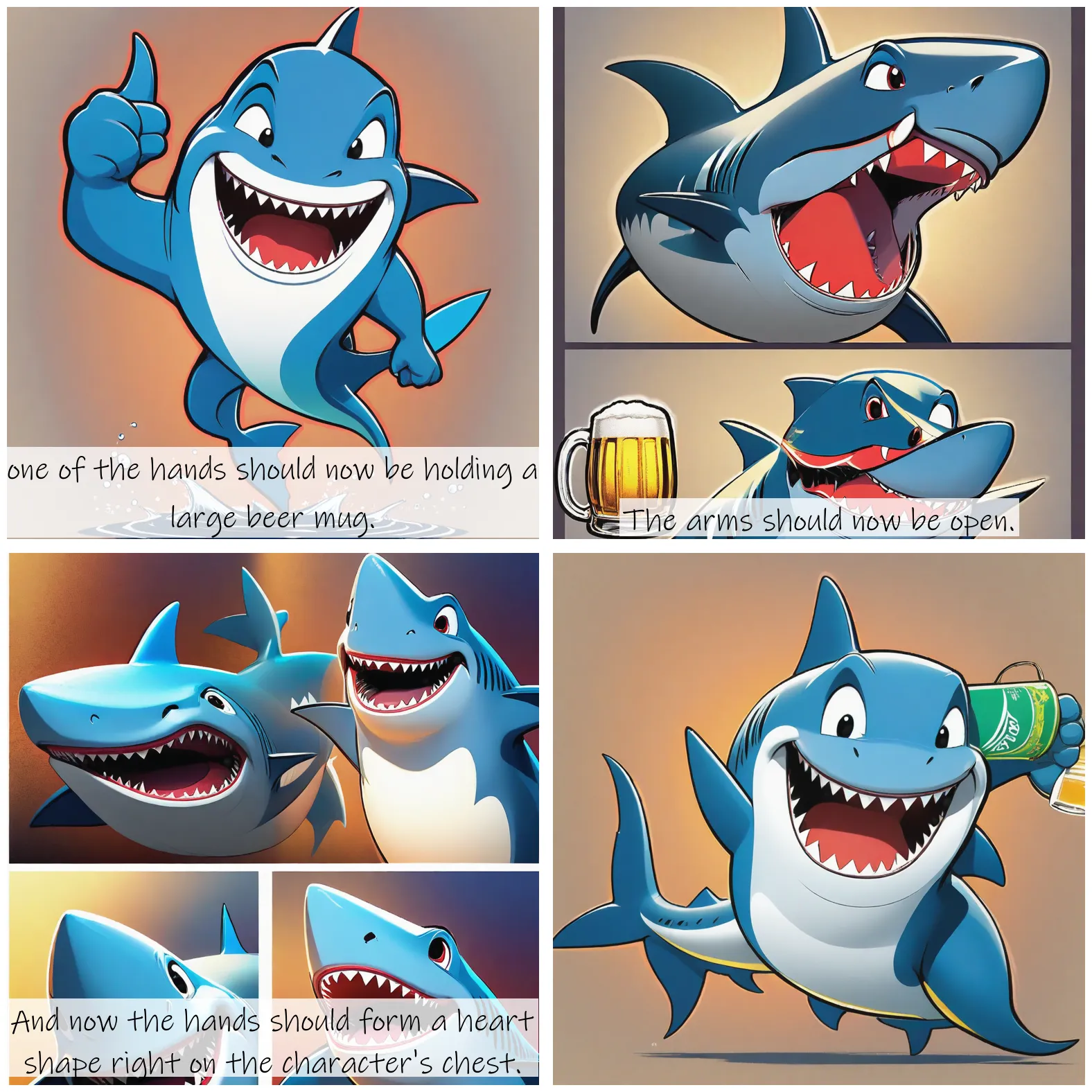 Story Diffusion - Comic book Image - create-an-image-of-a-pixarstyle-shark-the-img-shark-should-be-cartoonish-friendly-and-entirely-blue-it-should-have-a-slimmer-humanized-body-be-in-a-frontfacing-position-smiling-with-one-arm-on-its-waist-and-the-other-giving-a-th-m63mtc41d5rj40cgjg8tzaxxs8