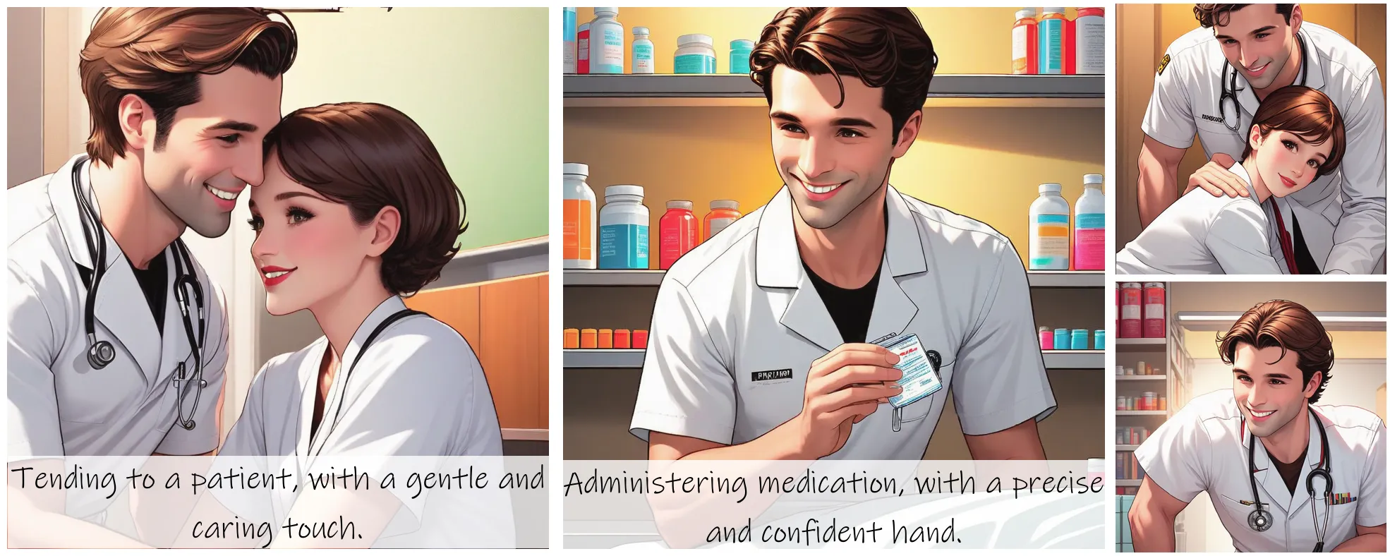 Story Diffusion - Comic book Image - a-dedicated-male-nurse-img-wearing-a-white-uniform-and-a-kind-smile-with-short-brown-hair-and-a-compassionate-gaze-aged-31-cpy7p03bk5rgj0cffjv9tq1jjr