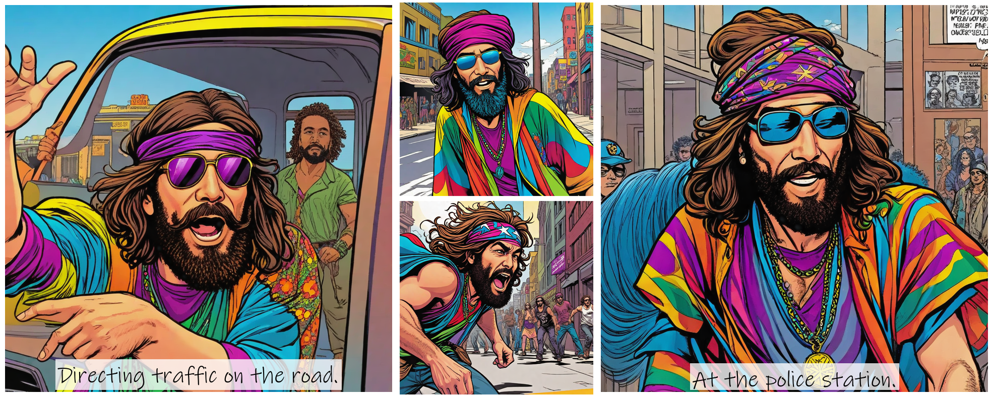 Story Diffusion - Comic book Image - hippie-man-img-pm60zsr8ysrgp0cfxvpazhpf98