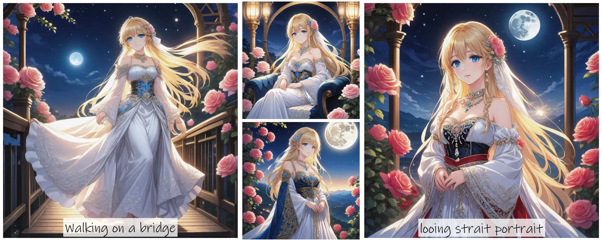 Story Diffusion - Japanese Anime Image - a-stunning-anime-german-brid-blond-hair-blue-eye-rose-bridal-attire-intricate-tribal-attire-roses-her-regal-jewels-sparkling-under-the-moonlit-sky-k7j63c570hrgj0cffvz9gs2my8