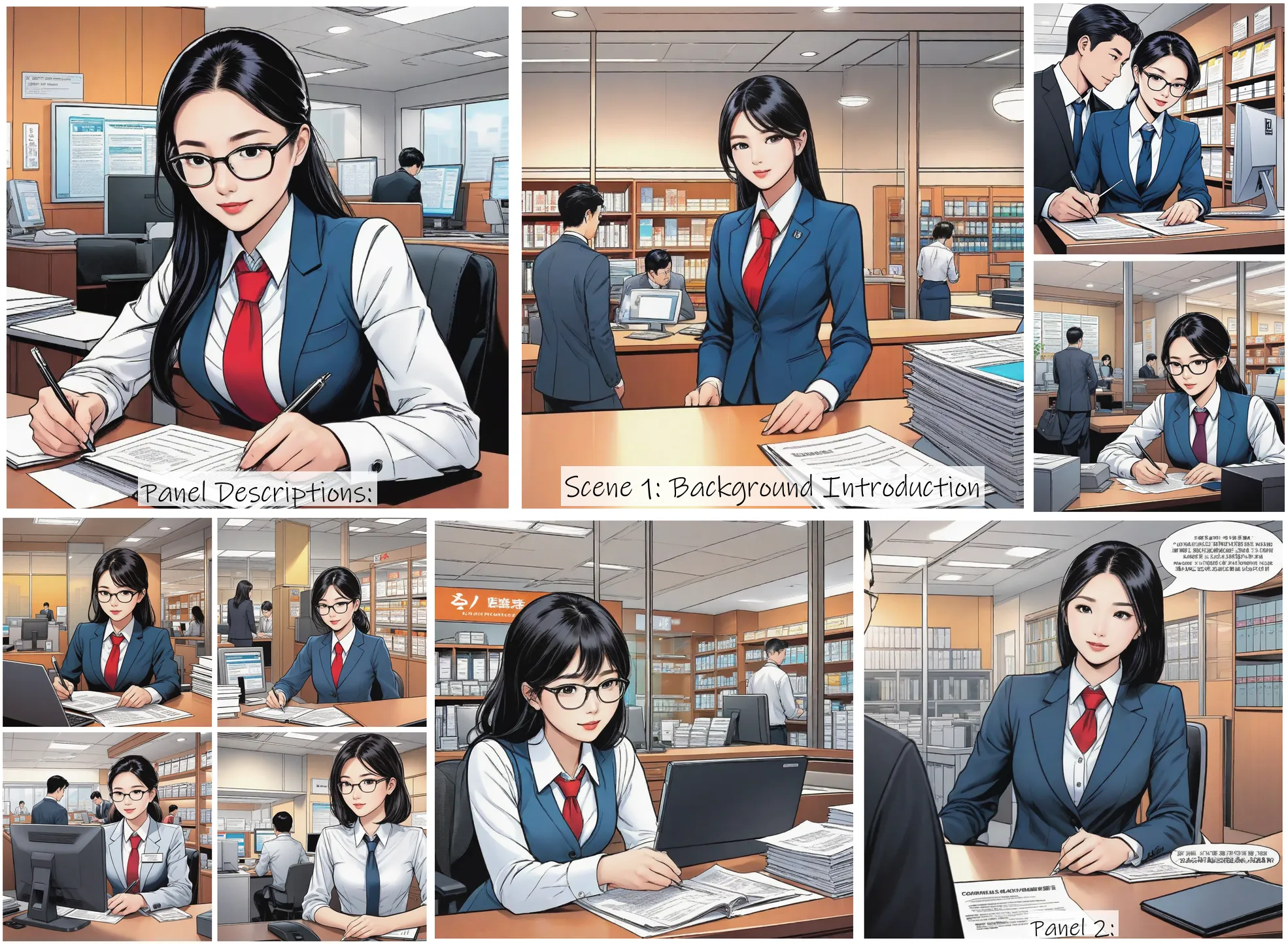 Story Diffusion - Comic book Image - -li-a-young-diligent-bank-employee-who-values-compliance-manager-experienced-responsible-for-staff-training-and-compliance-oversight-customer-a-regular-customer-needing-to-complete-a-transaction-c9drq9k0ydrgj0cfr9jter75mw