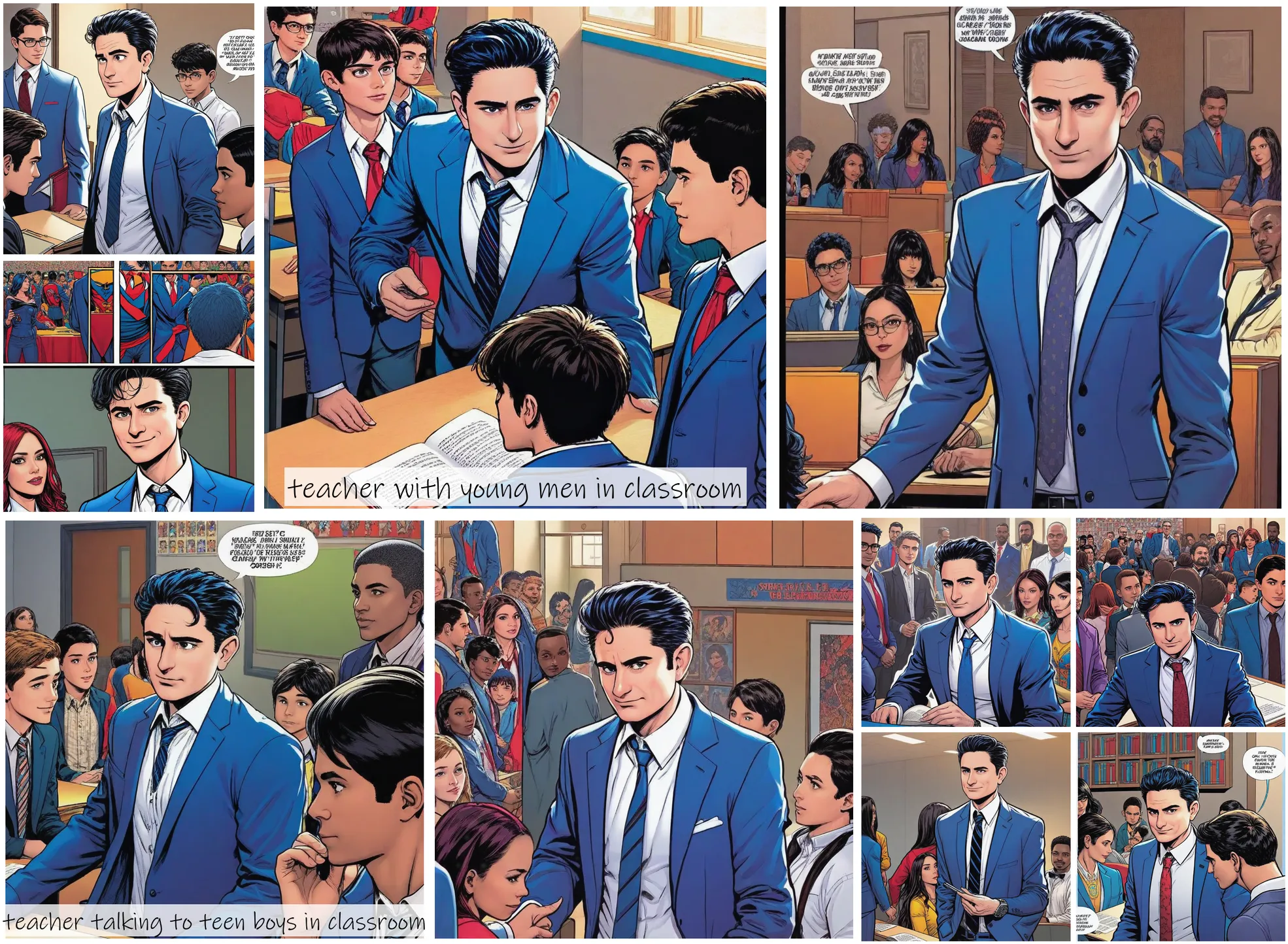 Story Diffusion - Comic book Image - teacher-img-white-shirt-blue-suit--4cetda8znnrgm0cffyh812n2t4