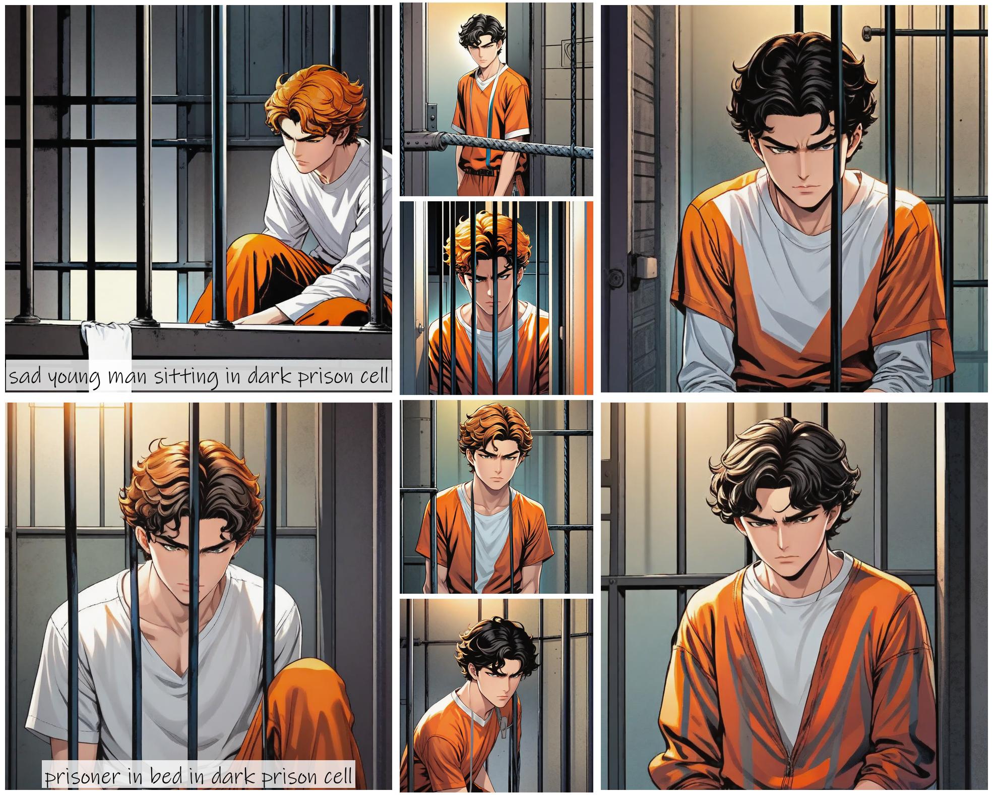 Story Diffusion - Comic book Image - sad-young-man-prisoner-img-wearing-white-shirt-orange-jumpsuit-4qbsf0tsc1rgg0cfnp8t3qx62c