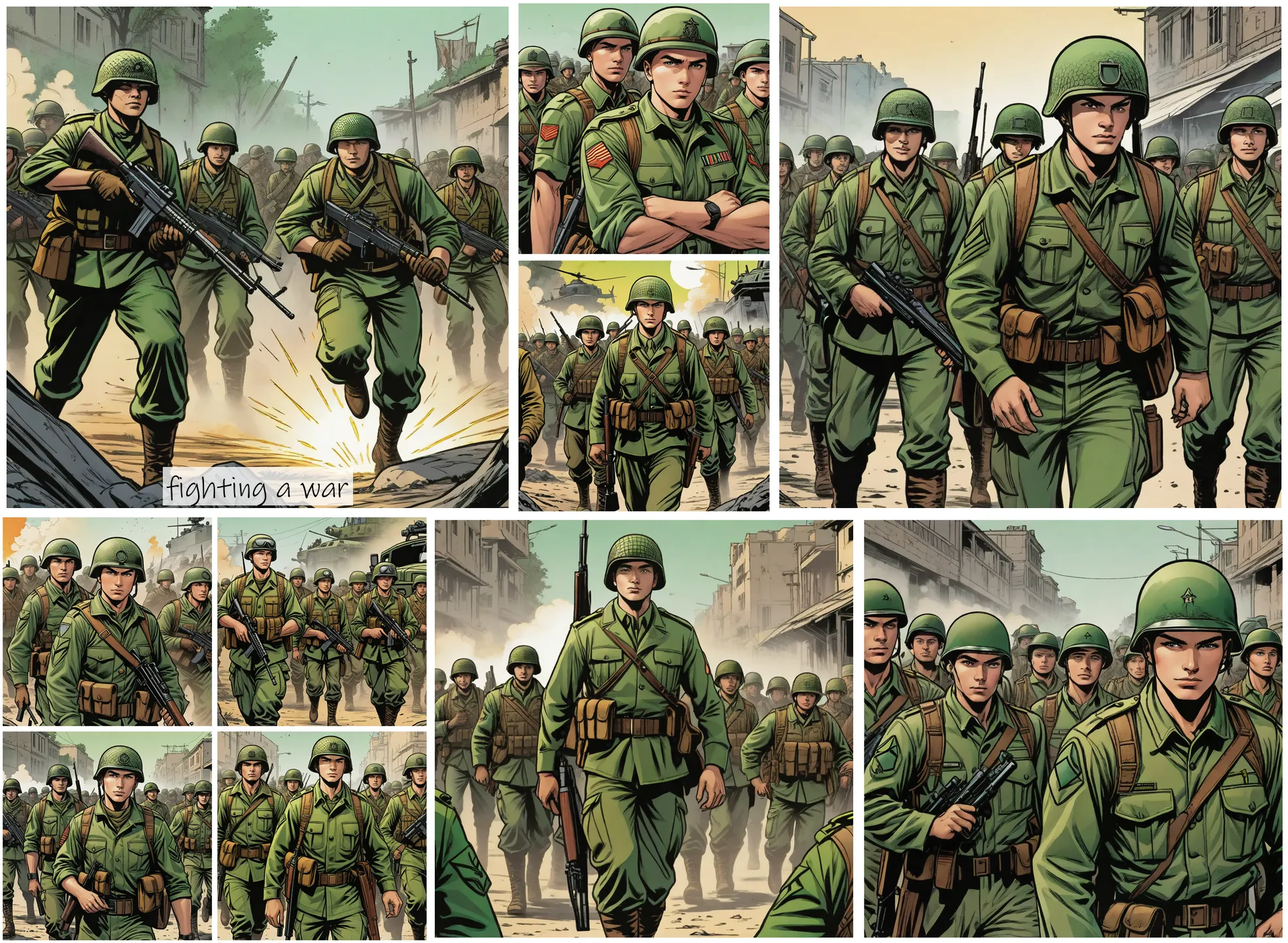 Story Diffusion - Comic book Image - army-soldiers-green-brown-clothes-qpcdp29vw1rgg0cffynbvsymw8