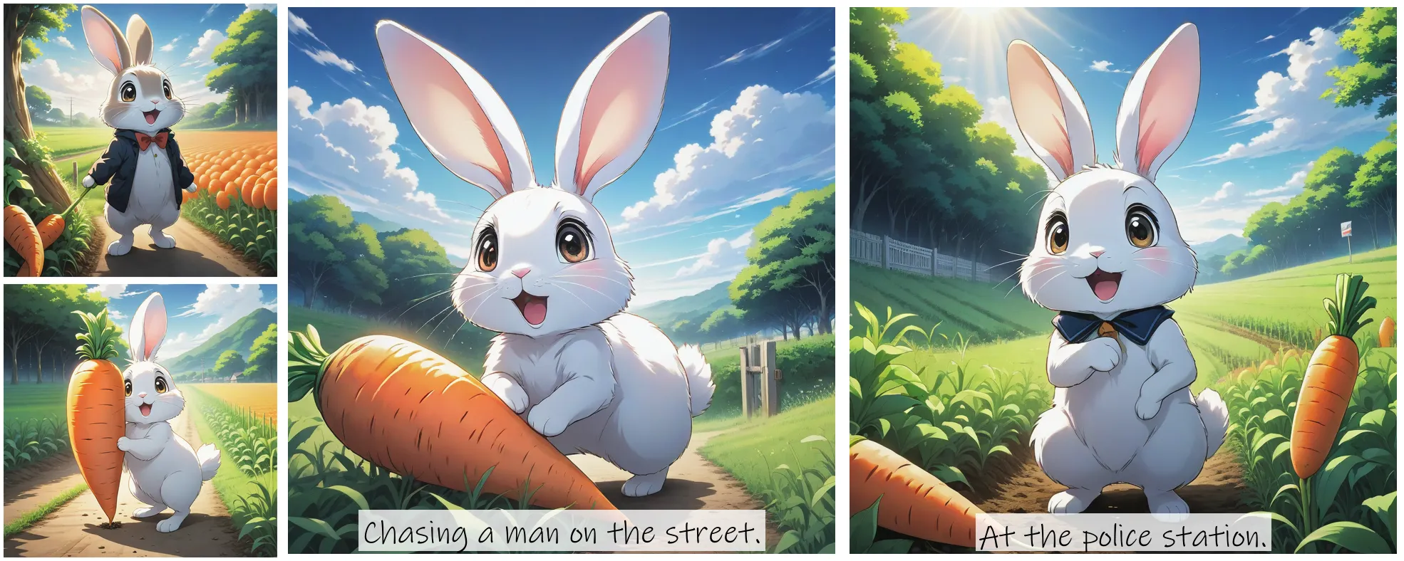 Story Diffusion - Japanese Anime Image - a-cartoonstyle-rabbit-standing-in-a-field-with-big-eyes-excitedly-looking-at-a-giant-carrot-but-most-of-it-is-buried-in-the-ground-c7yw3tpgxnrj60cgvsqtxzs3yg