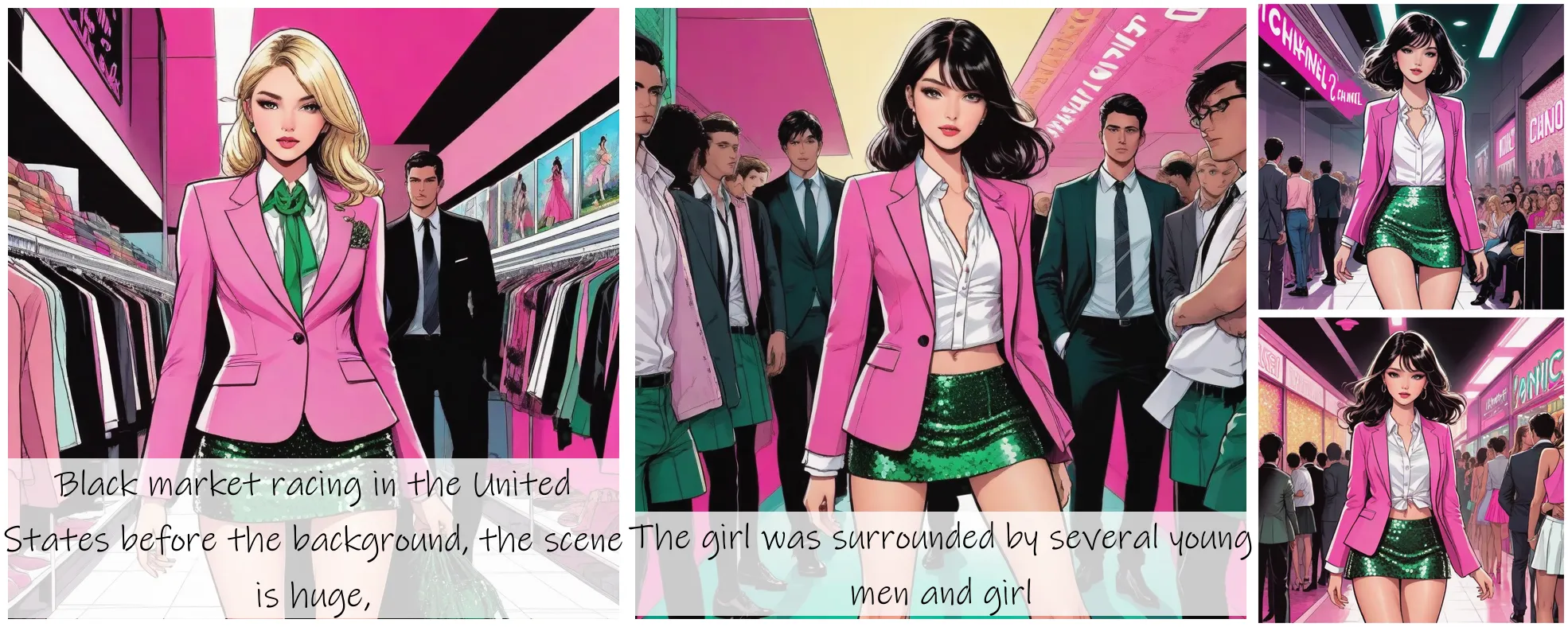 Story Diffusion - Comic book Image - a-girl-wore-a-pink-chanel-blazer-no-qq-kid-revealing-her-dark-green-victorias-secret-underwear-the-bottom-is-a-pink-sequined-p-skirt-have-long-round-legs--0n9fjapn0xrgj0cfy0yvt5vdj4