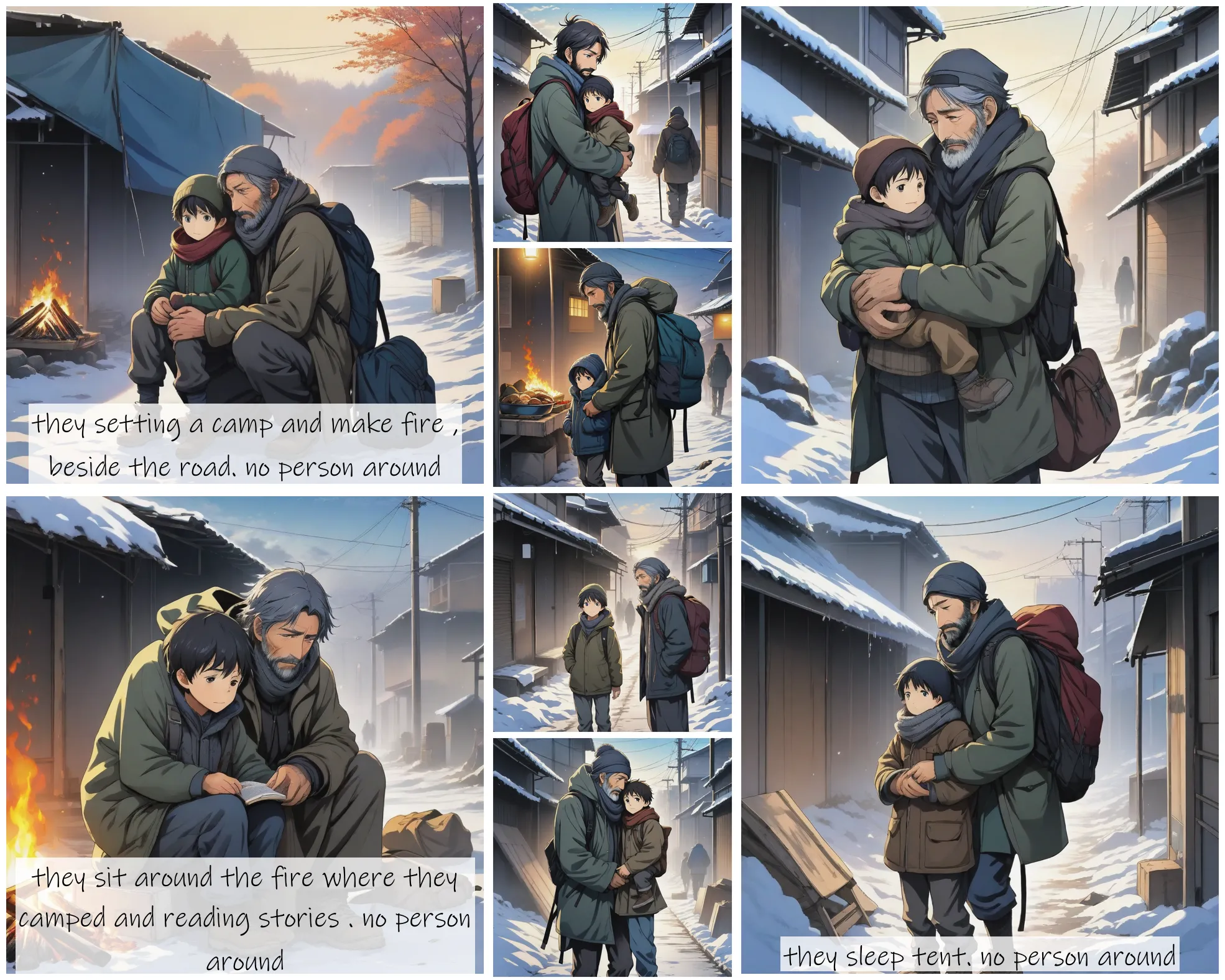 Story Diffusion - Japanese Anime Image - a-homeless-father-with-his-homeless-son-iranian-wearing-warm-winter-clothes-living-after-end-of-the-world-the-last-survivor-s-travelling-by-walking-and-carrying-all-his-life-in-a-back-pack-fmb5vhk8y9rgj0cfsyb979ymtw