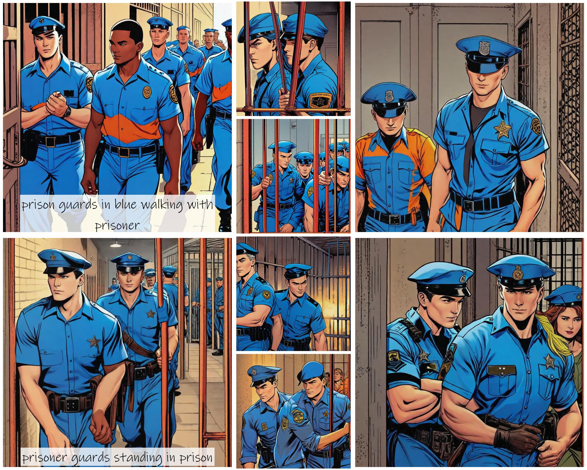 Story Diffusion - Comic book Image - prison-guards-img-wearing-blue-t4q219z31nrgj0cfnnqasmk2s0