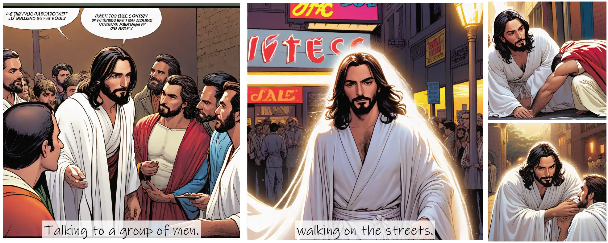 Story Diffusion - Comic book Image - jesus-img-wearing-a-white-robe-swkrema1mxrj60cgpc4ad9sck4