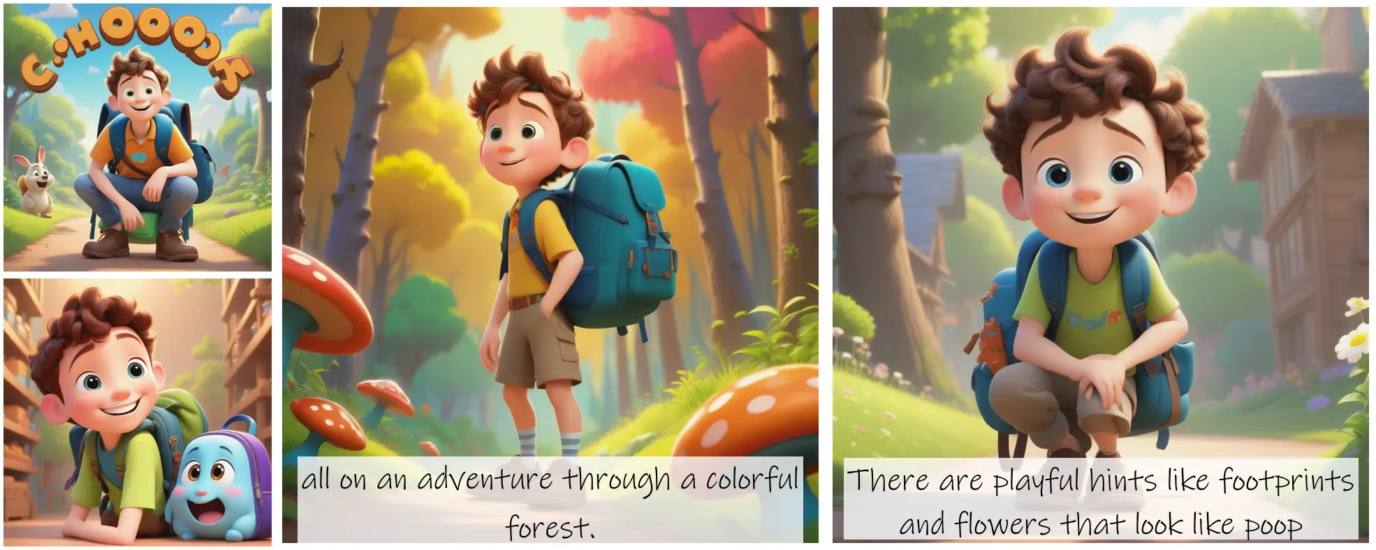 Story Diffusion - Disney Charactor Image - cheery-white-boy-with-a-backpack-learning-about-poop-07hdk2sysxrgg0cg0gks8dhhf8