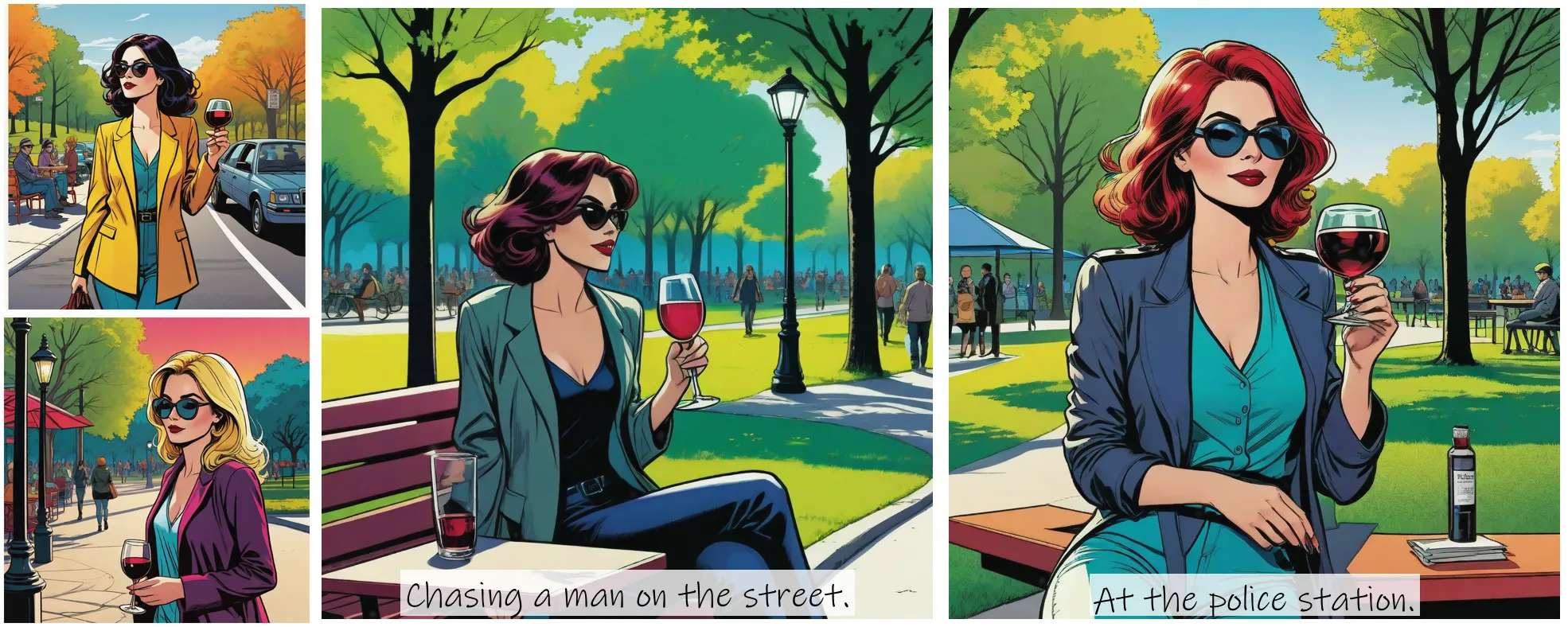 Story Diffusion - Comic book Image - lady-drinking-wine-at-a-park--6sehcqp6qhrgg0cfqrsr19kssr