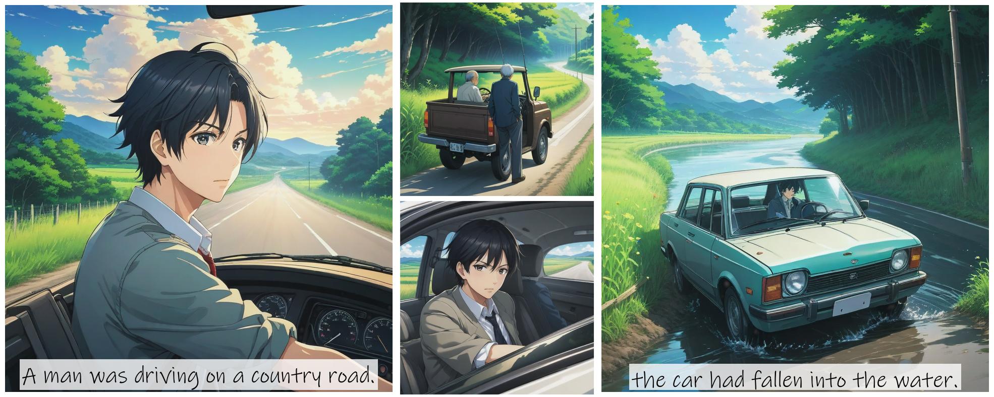 Story Diffusion - Japanese Anime Image - a-man-was-driving-on-a-country-road--8enr16n5ddrgg0cfkxwvmxzhgm