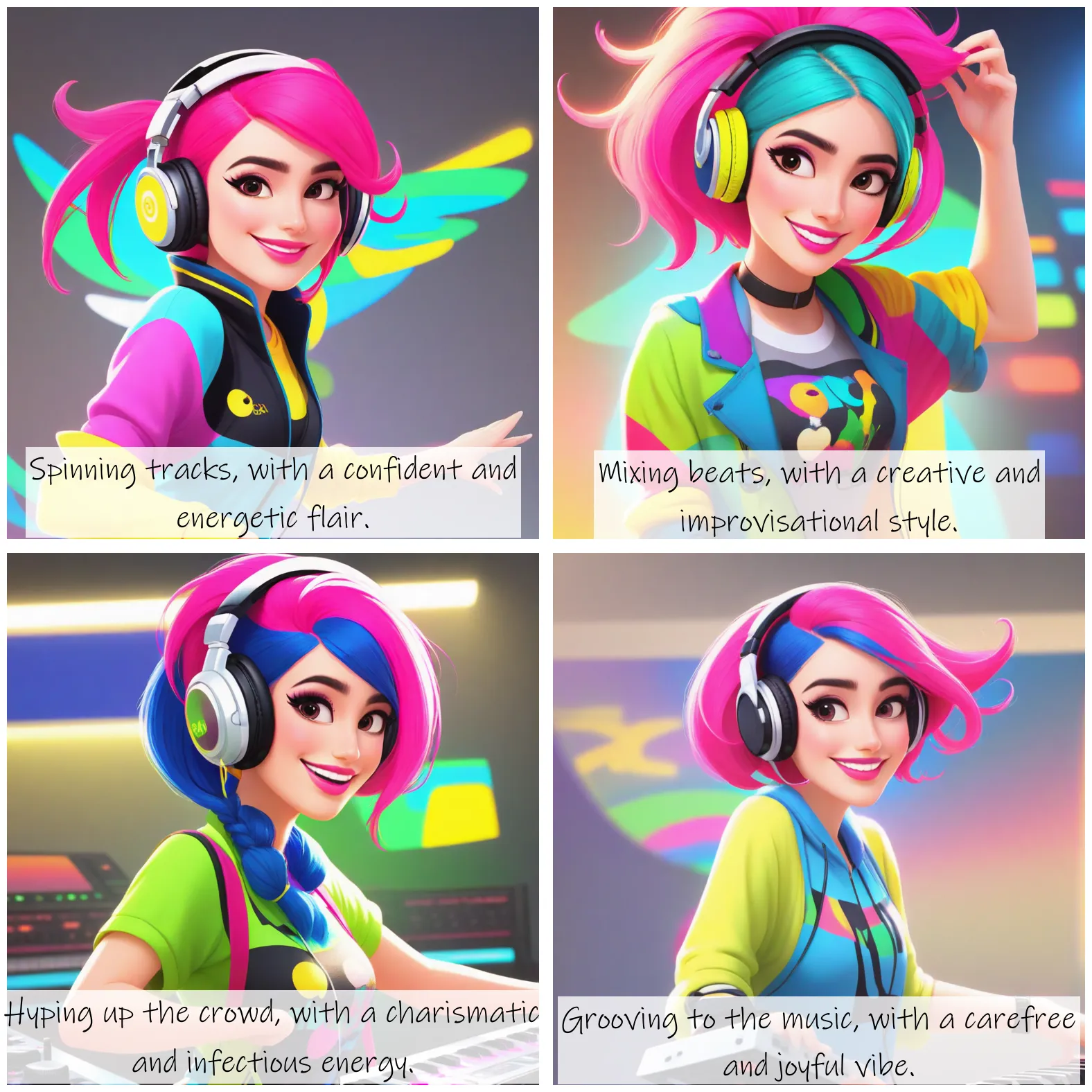 Story Diffusion - Disney Charactor Image - a-vibrant-female-dj-img-wearing-a-trendy-outfit-and-headphones-with-bright-pink-hair-and-a-lively-smile-aged-26-gvhdrkd41nrgg0cffjsvncaqhm