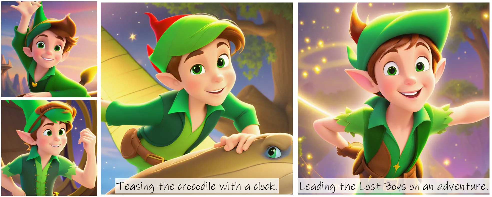 Story Diffusion - Disney Charactor Image - a-boy-img-peter-pan-is-a-youthful-character-dressed-in-a-fairylike-green-outfit-perpetually-experiencing-the-adventures-of-neverland-50s7k163bxrgj0cfm17r91233m