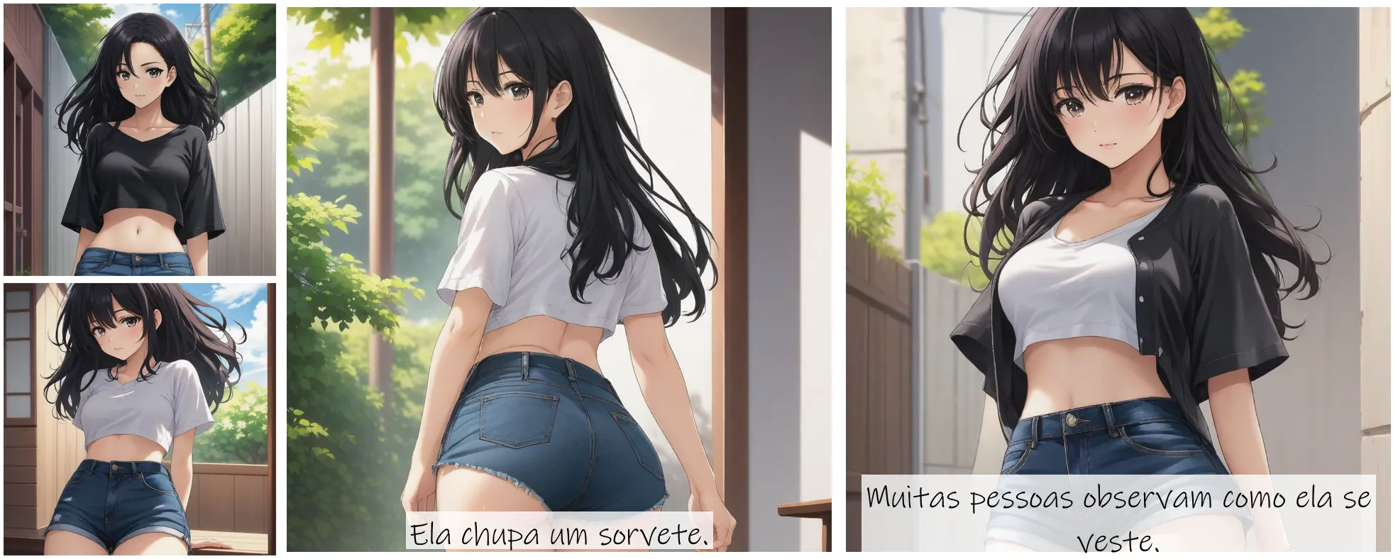 Story Diffusion - Japanese Anime Image - menina-magrinha-morena-cabelo-preto-liso-usa-short-jeans-bastante-apertado-um-biquine-pequeno-onde-as-areolas-aparecem-mygk07faf5rgm0cgbe7adpnqfr