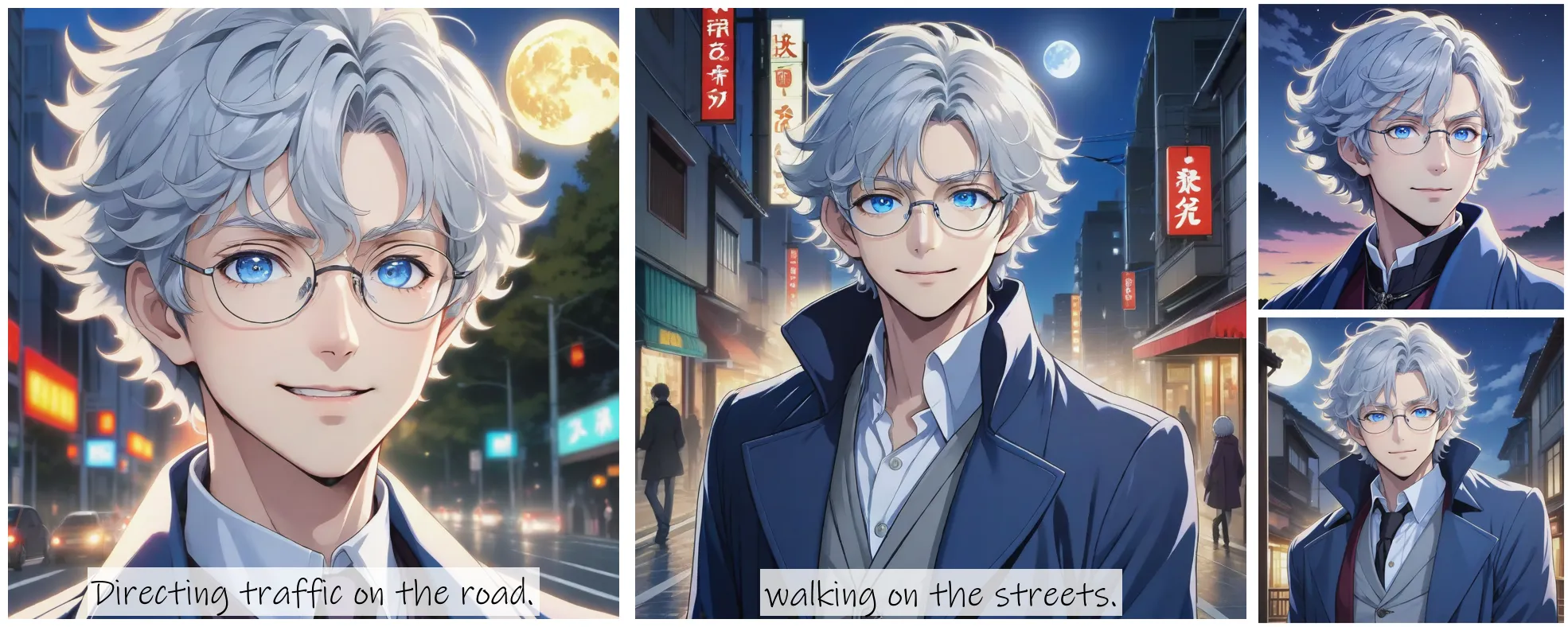 Story Diffusion - Japanese Anime Image - male-vampire-trustworthy-blue-coat-sky-blue-eyes-short-greysilver-hair-unkempt-curly-hair-more-prominent-slightly-round-and-friendly-adulte-mature-male-feature-in-face-smilig-flat-chin-puffy-cheeks-short-straight-nose-thin-round-efne38zpzxrgg0cfft0s2bwzrg