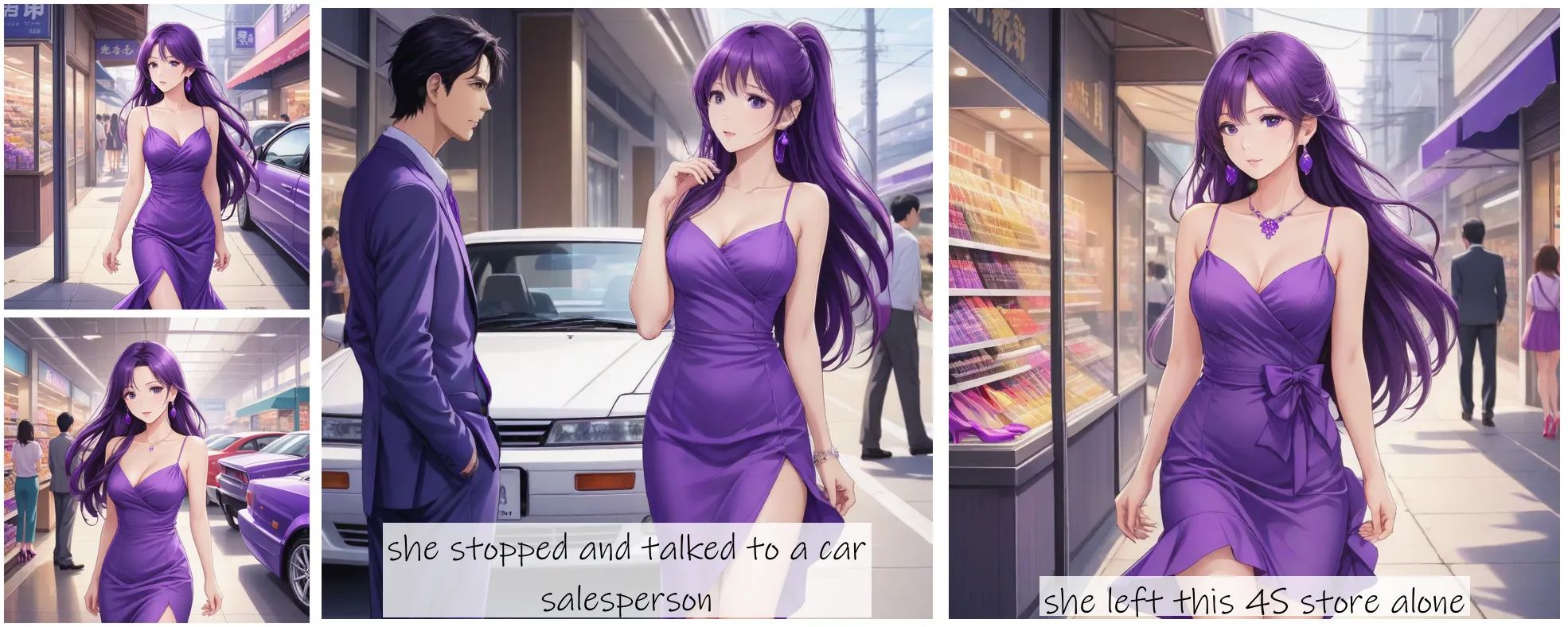 Story Diffusion - Japanese Anime Image - a-beautiful-woman-around-thirty-years-old-wearing-a-purple-dress-and-purple-high-heels-she-is-wearing-purple-earrings-and-has-long-hair-reaching-her-shoulders--jg6ckzg609rgg0cg3zavgwvbyr