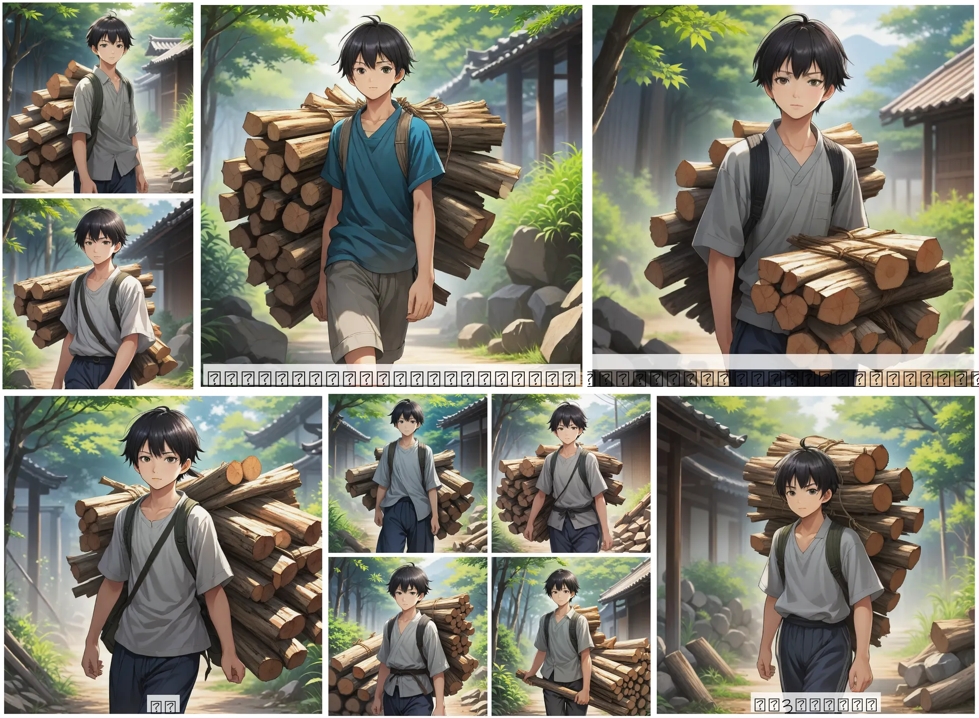 Story Diffusion - Japanese Anime Image - -a-sturdy-and-strong-16yearold-boy-dressed-in-simple-clothes-suitable-for-labor-he-has-a-kind-and-determined-expression-with-rough-hands-from-hard-work-carrying-a-bundle-of-firewood-on-his-back-he-looks-diligent-and-respectful-a-a6733hps01rgj0cfvsy8ge2dk8